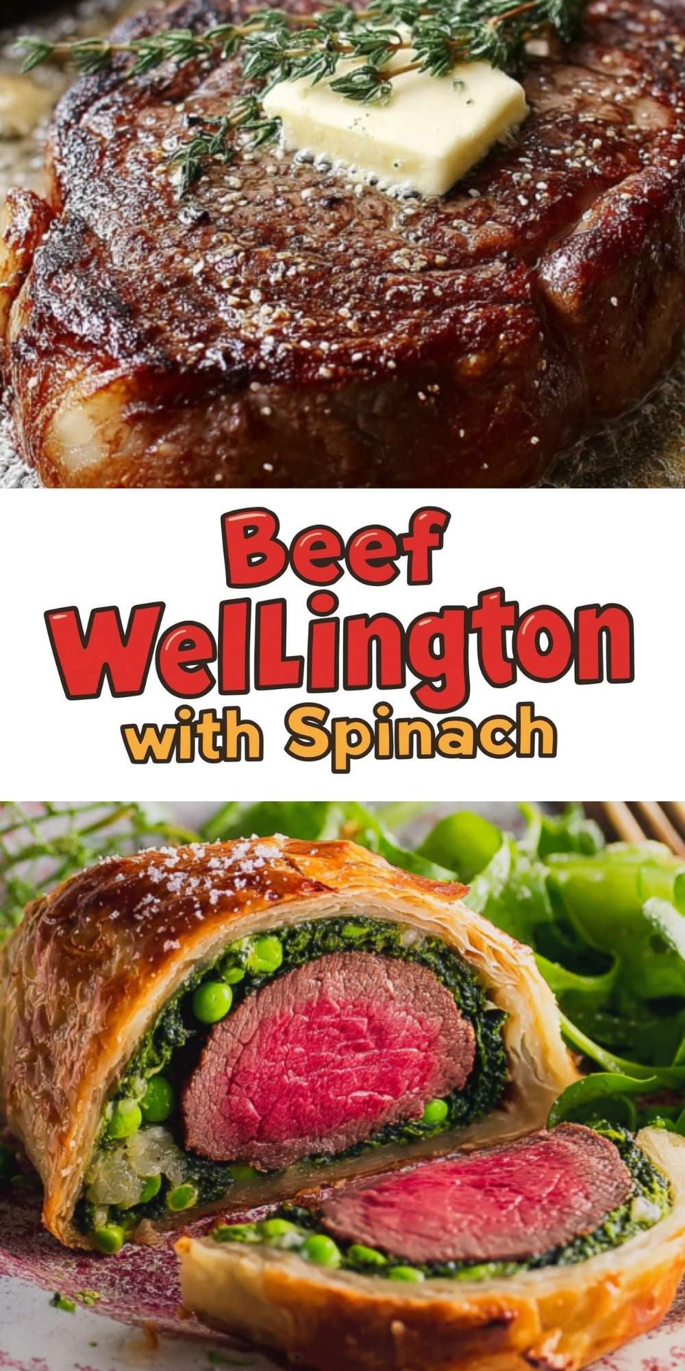 A collage featuring a pan-seared filet mignon with butter and herbs, and a slice of beef wellington with spinach wrapped in golden puff pastry, ideal for holidays, dinner parties, or special occasions.