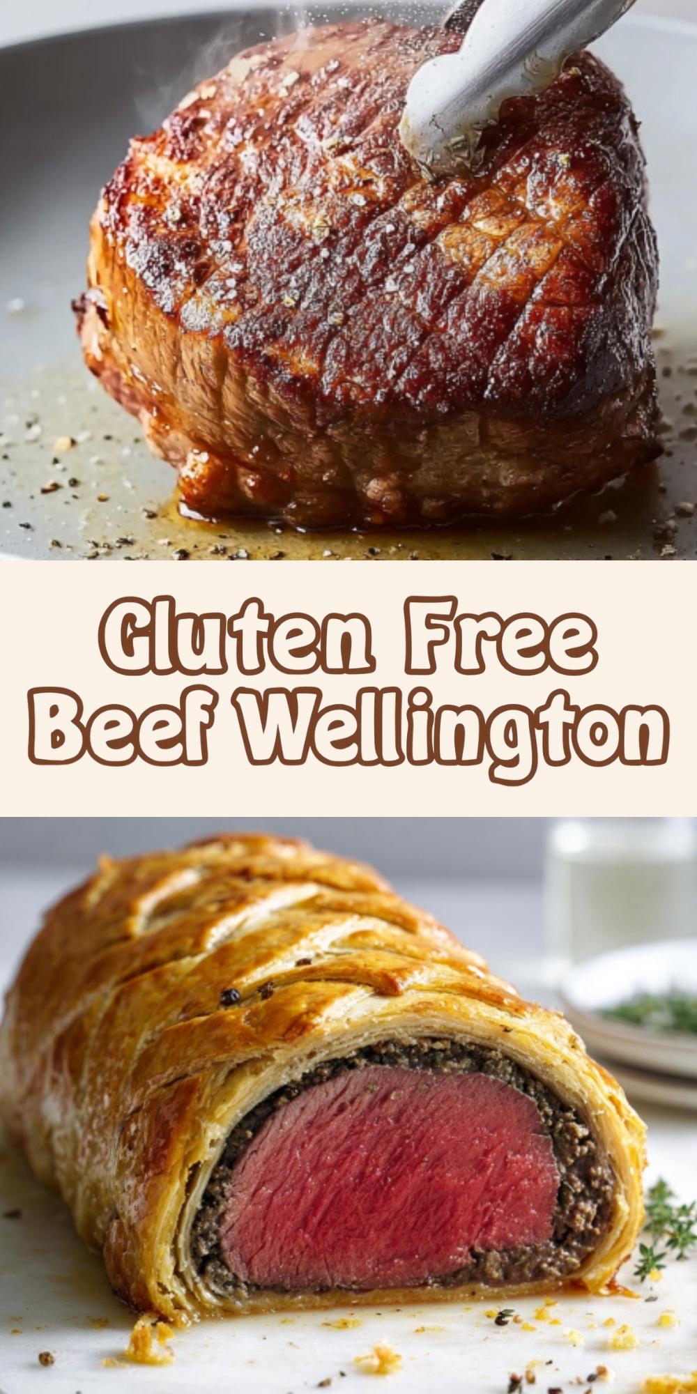 Collage with beef fillet being seared in a pan and a sliced gluten free beef wellington with golden pastry and juicy beef center, perfect for special occasions and Christmas dinner.