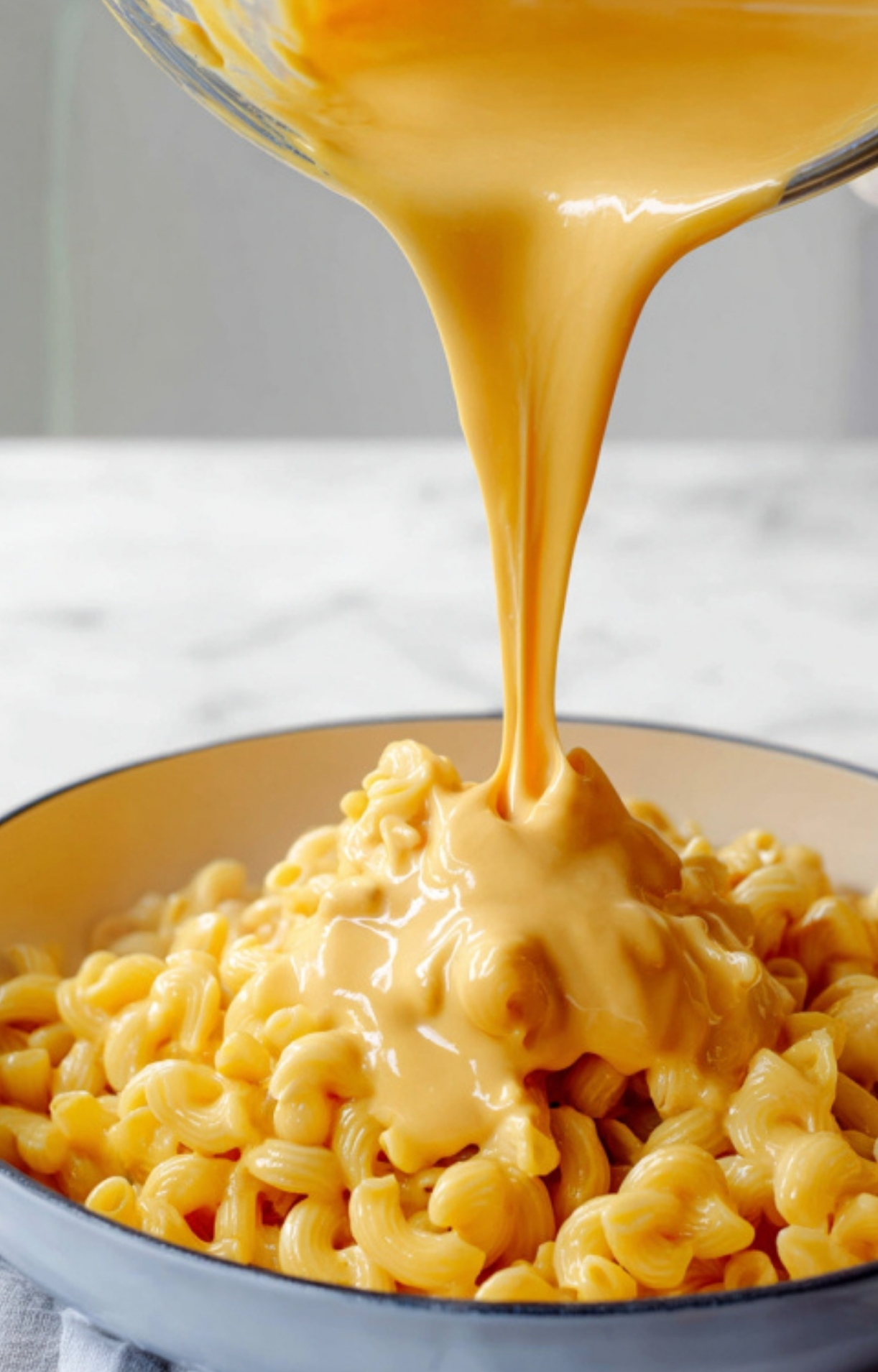 Smooth, cheesy vegan sauce poured over cooked pasta, creating a quick and nourishing weeknight meal for family.