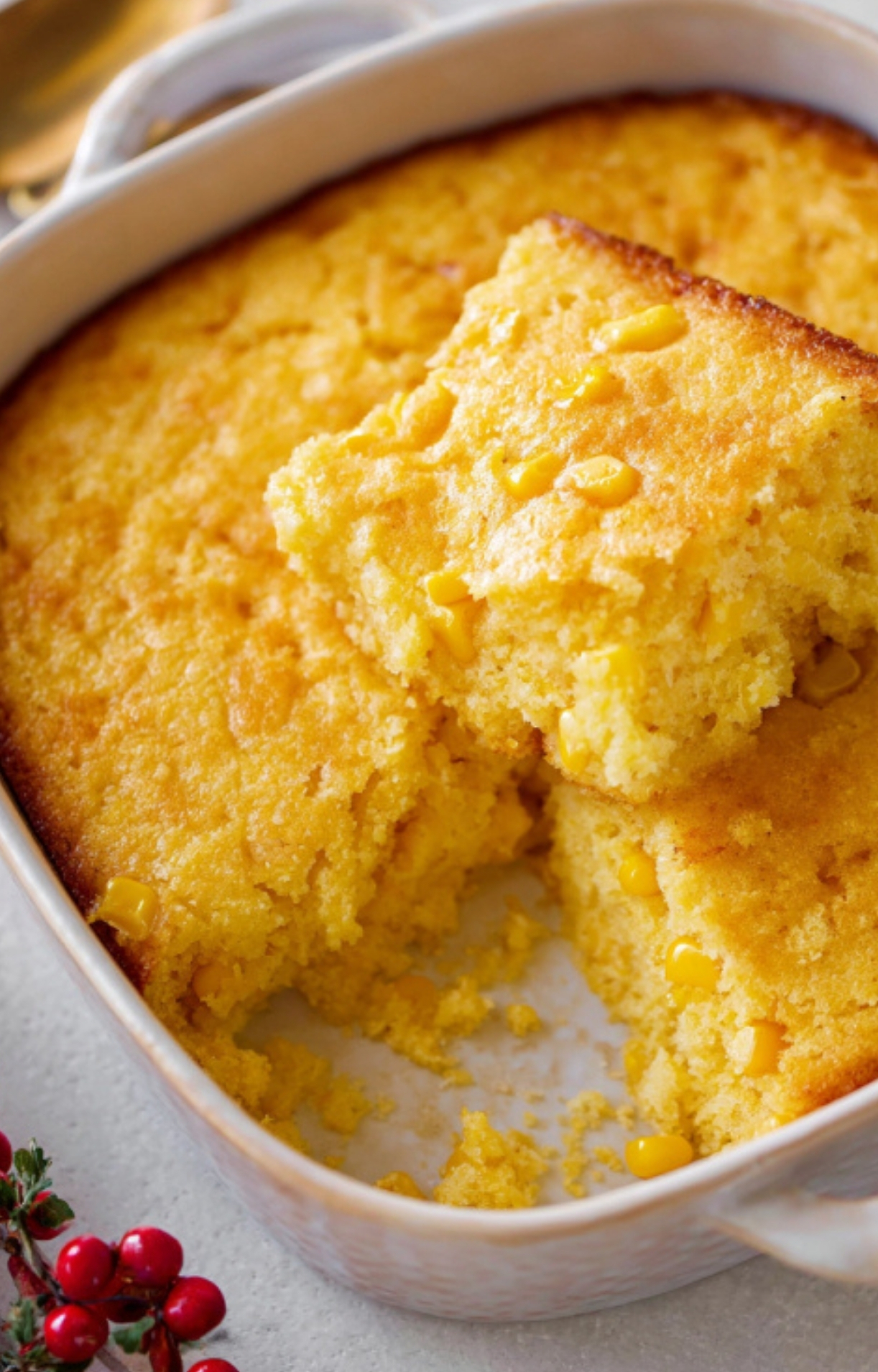 A square baking dish of Corn Casserole Jiffy Easy, sliced and ready to serve, with golden baked top and visible sweet corn, ideal for Thanksgiving, Christmas, or potlucks.