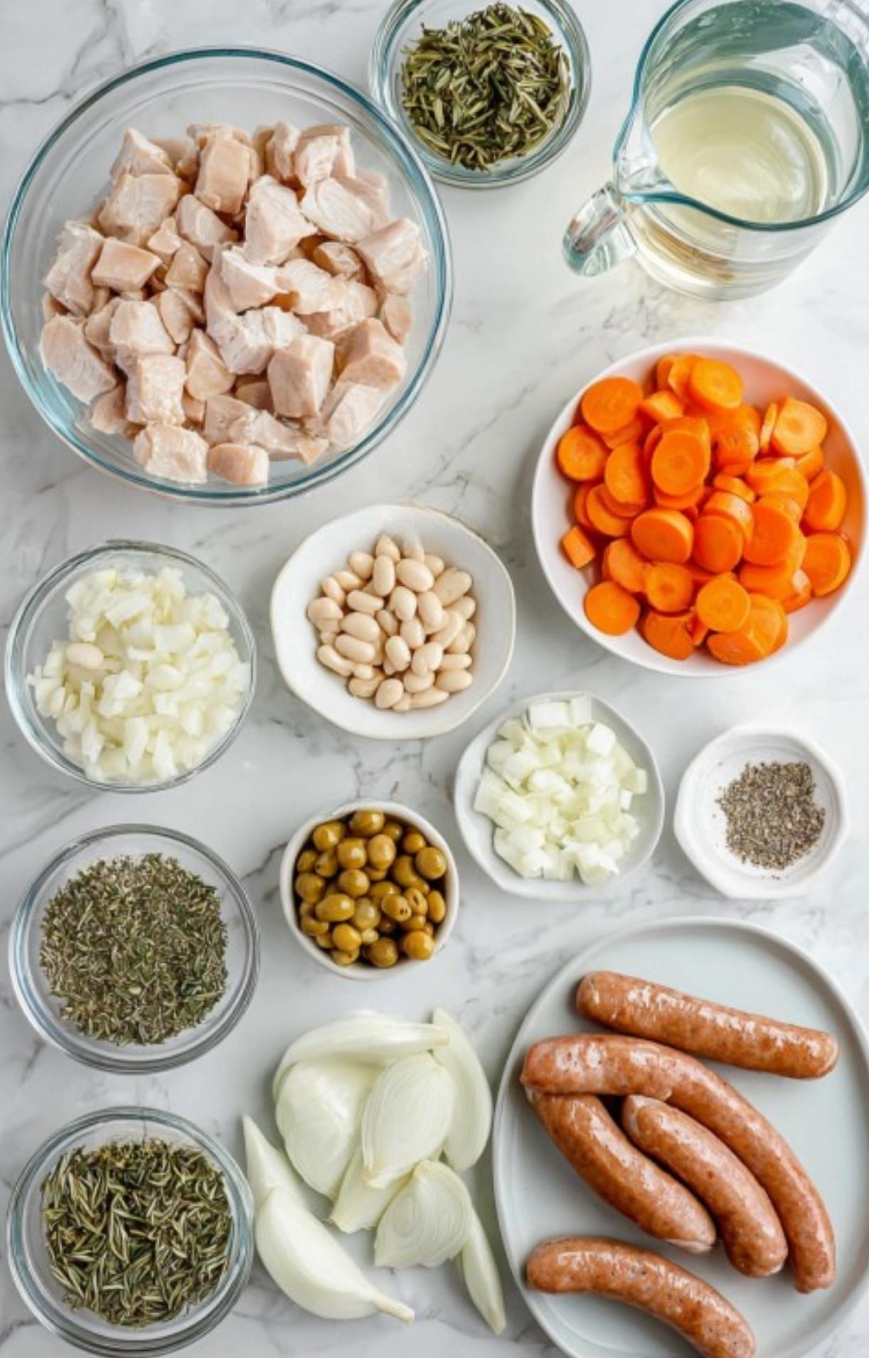 Ingredients for Chicken Cassoulet on a marble countertop, including cubed chicken breast, Italian sausage, carrots, white beans, onions, green olives, fresh herbs, and white wine, all ready for a cozy homemade stew.