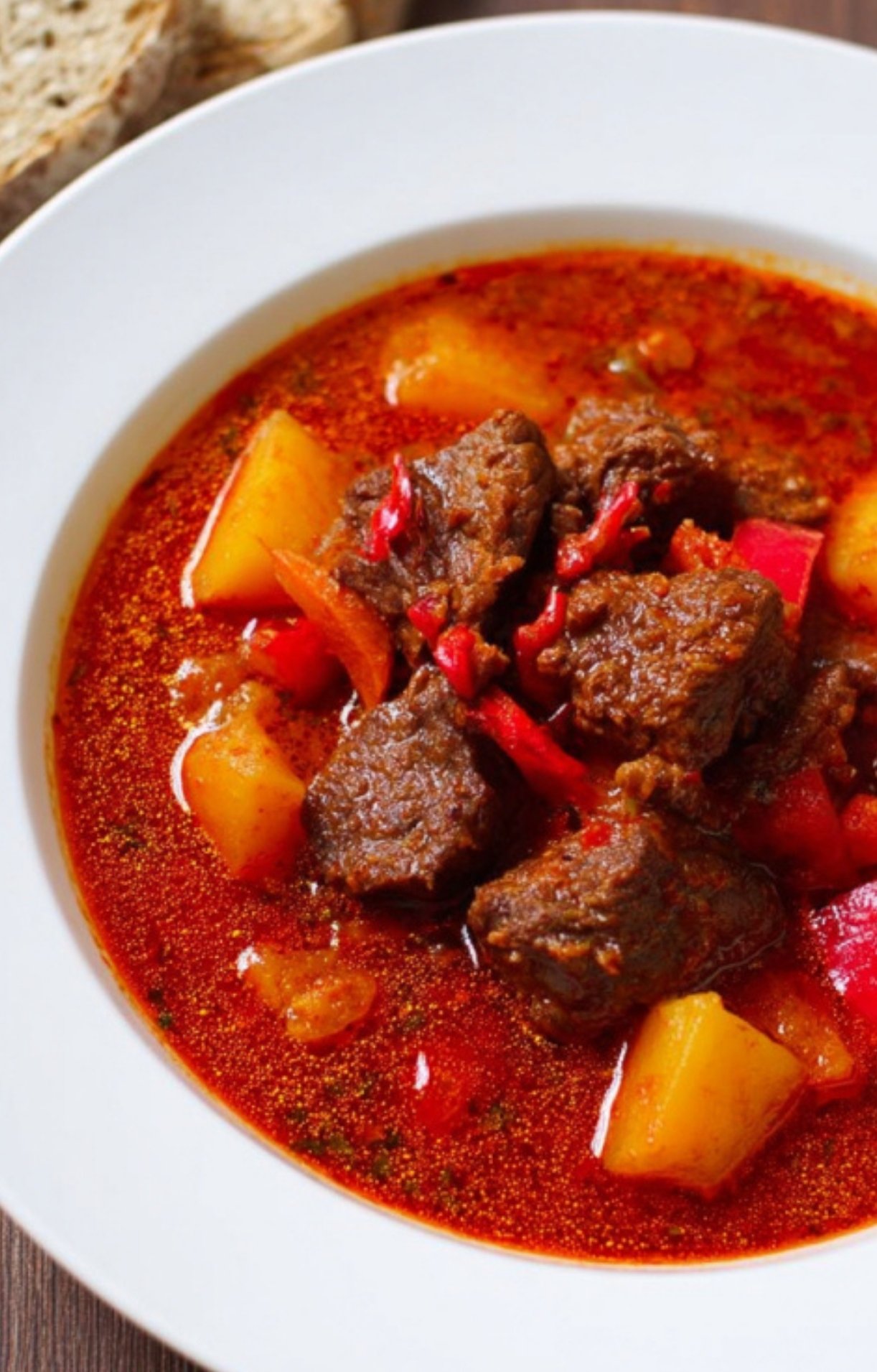 A bowl of rich slow cooker goulash filled with tender beef, potatoes, and red peppers in paprika broth. Perfect comfort food for cold weather, easy family dinner, and meal prep.
