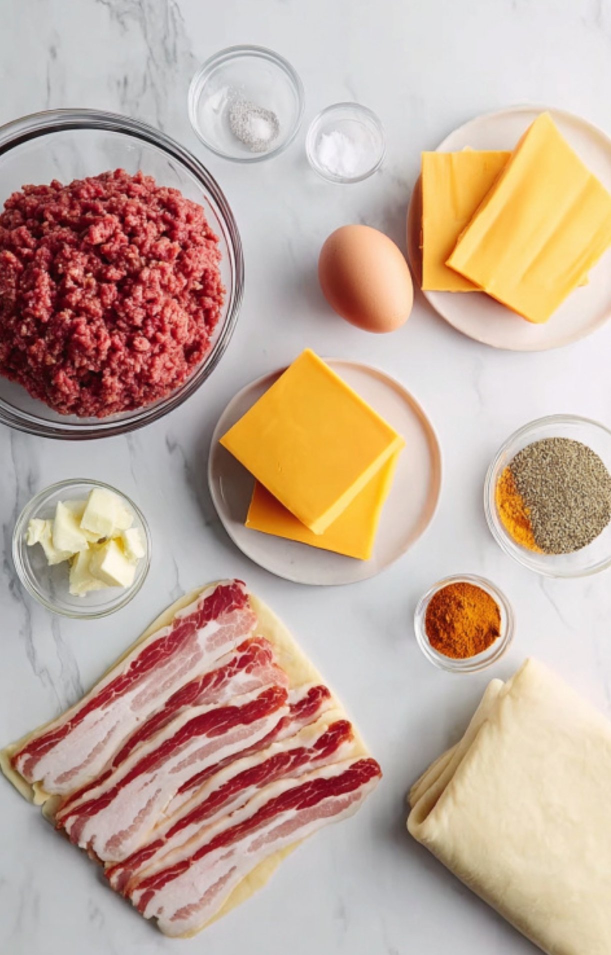 Beef patty, crispy bacon, and cheddar cheese stacked on a round of puff pastry, ready to wrap. The best way to make Beef Wellington for a gourmet family dinner.