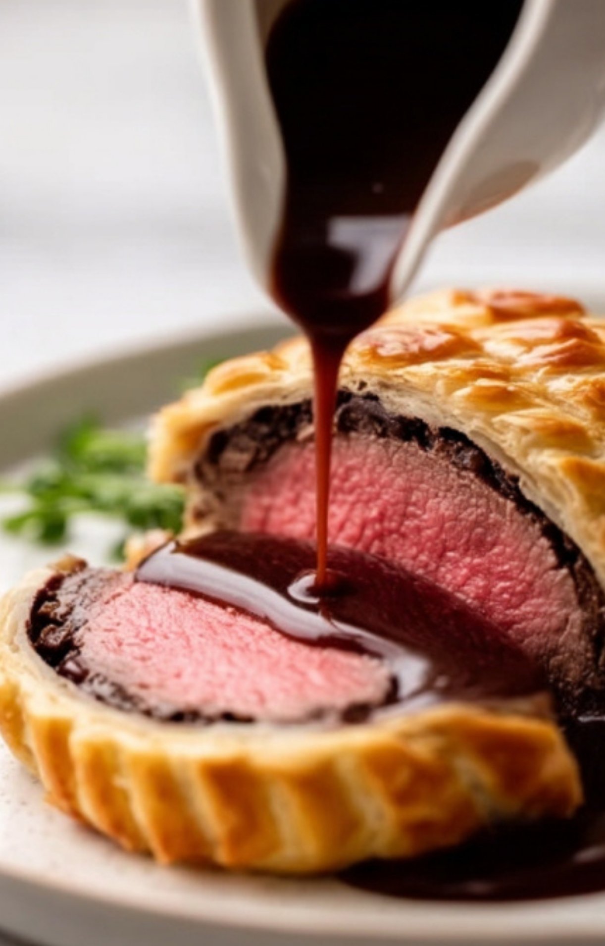 Close-up of rich red wine sauce being poured over a sliced beef wellington with golden pastry, perfect for Christmas or gourmet holiday meals.
