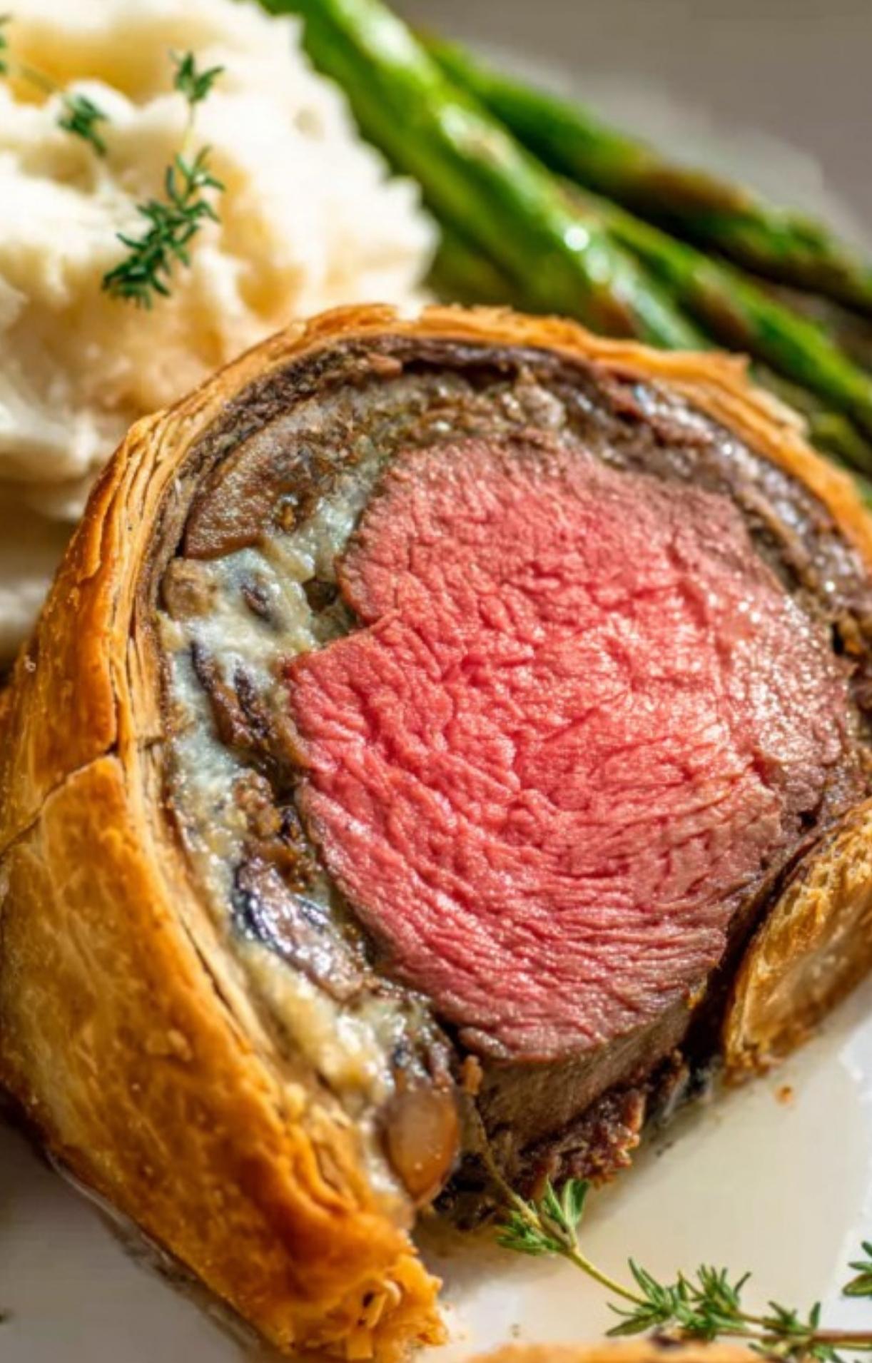 A slice of gluten free beef wellington plated with creamy mashed potatoes and fresh asparagus, ideal for festive dinners and gluten free entertaining.