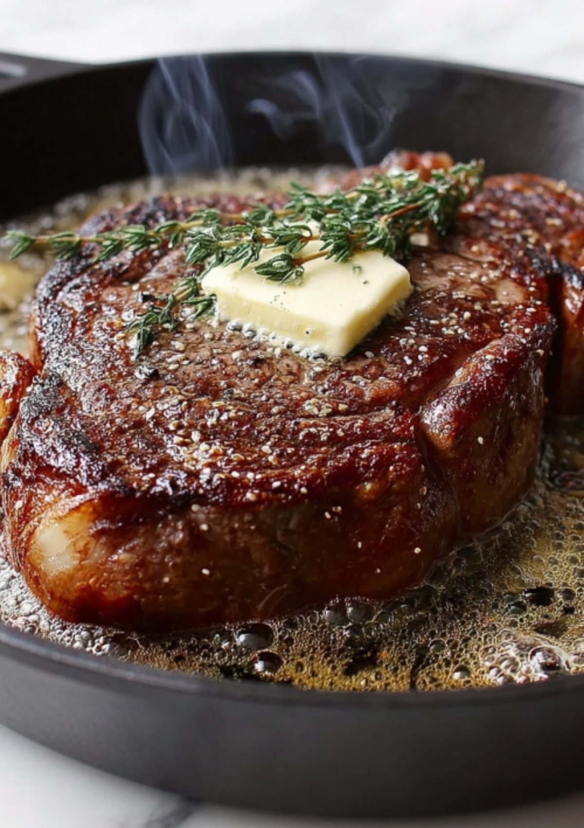 Filet mignon sizzling in a pan with butter and herbs, perfect for juicy and flavorful beef wellington with spinach.