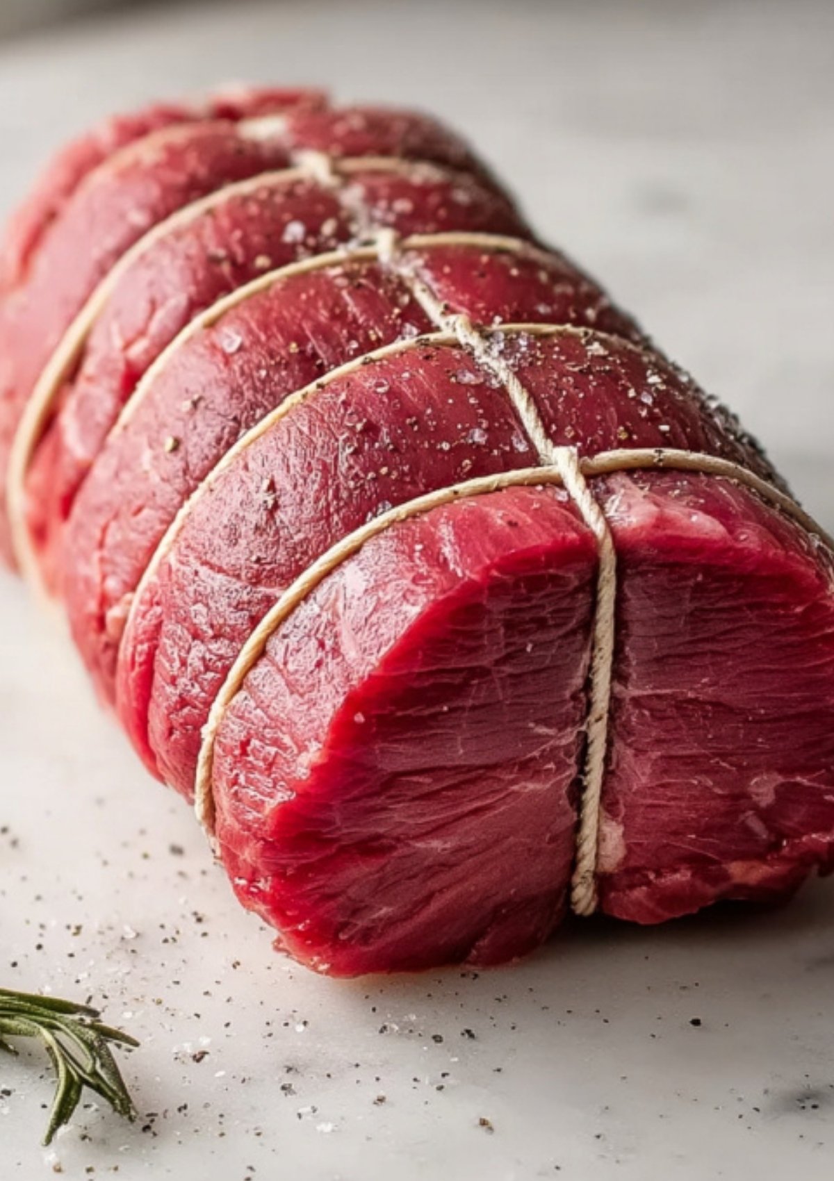 Raw beef tenderloin tied with kitchen string and seasoned, ready for roasting or wrapping in mushroom duxelles and pastry.