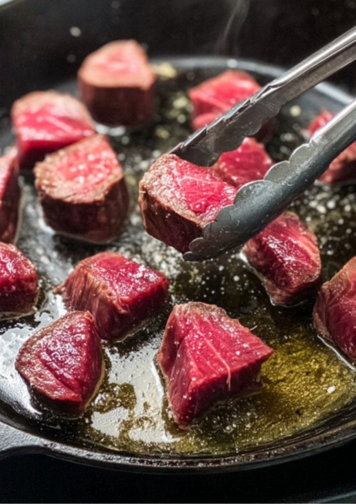 Raw beef cubes sizzling in a cast iron skillet, being seared for mini beef wellington appetizers, a must for juicy, flavorful holiday party bites and puff pastry snacks.