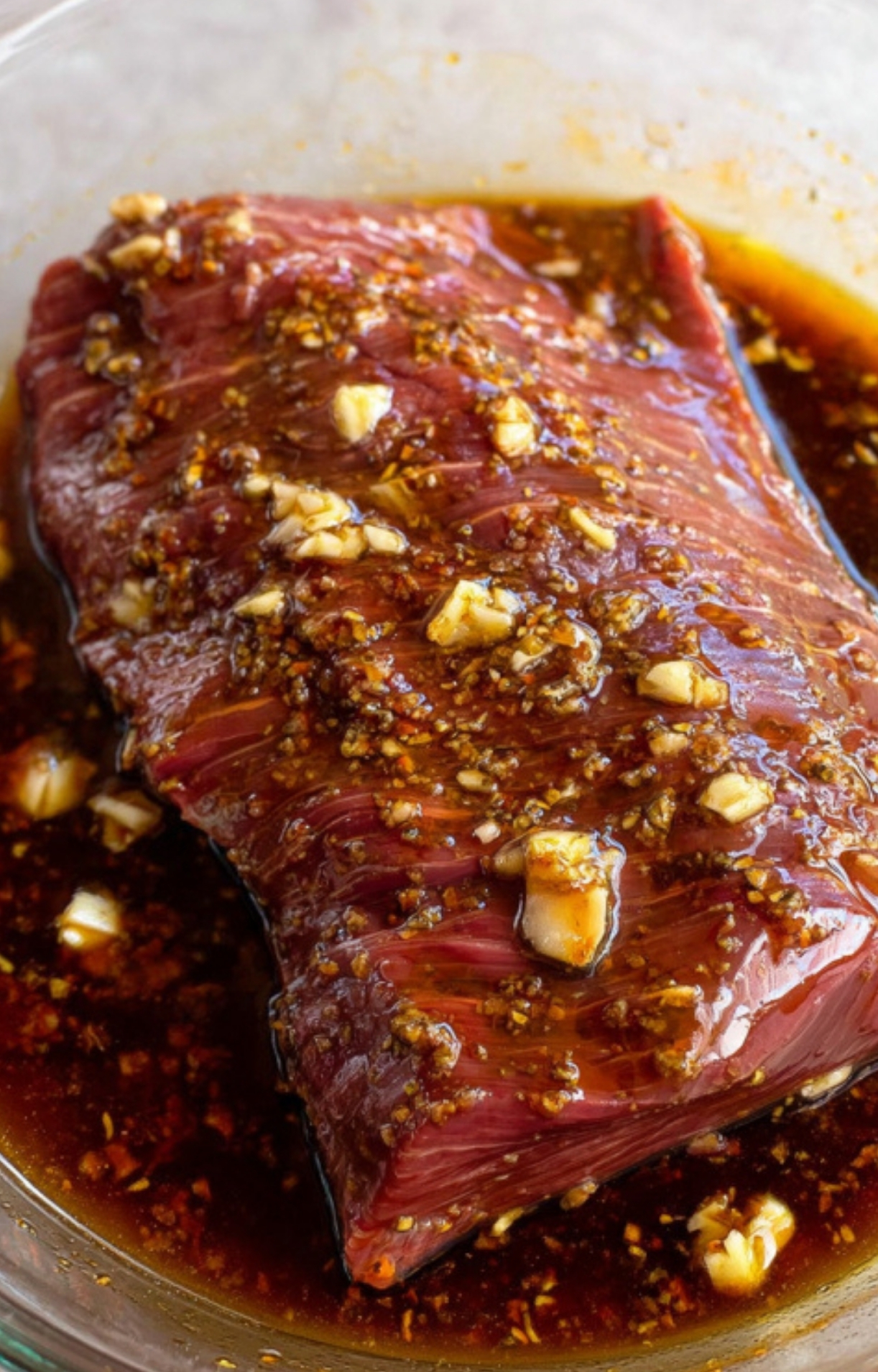 Raw flank steak soaking in a marinade of soy sauce, garlic, and spices in a glass bowl, ready to be cooked for a flavorful and easy steak dinner.