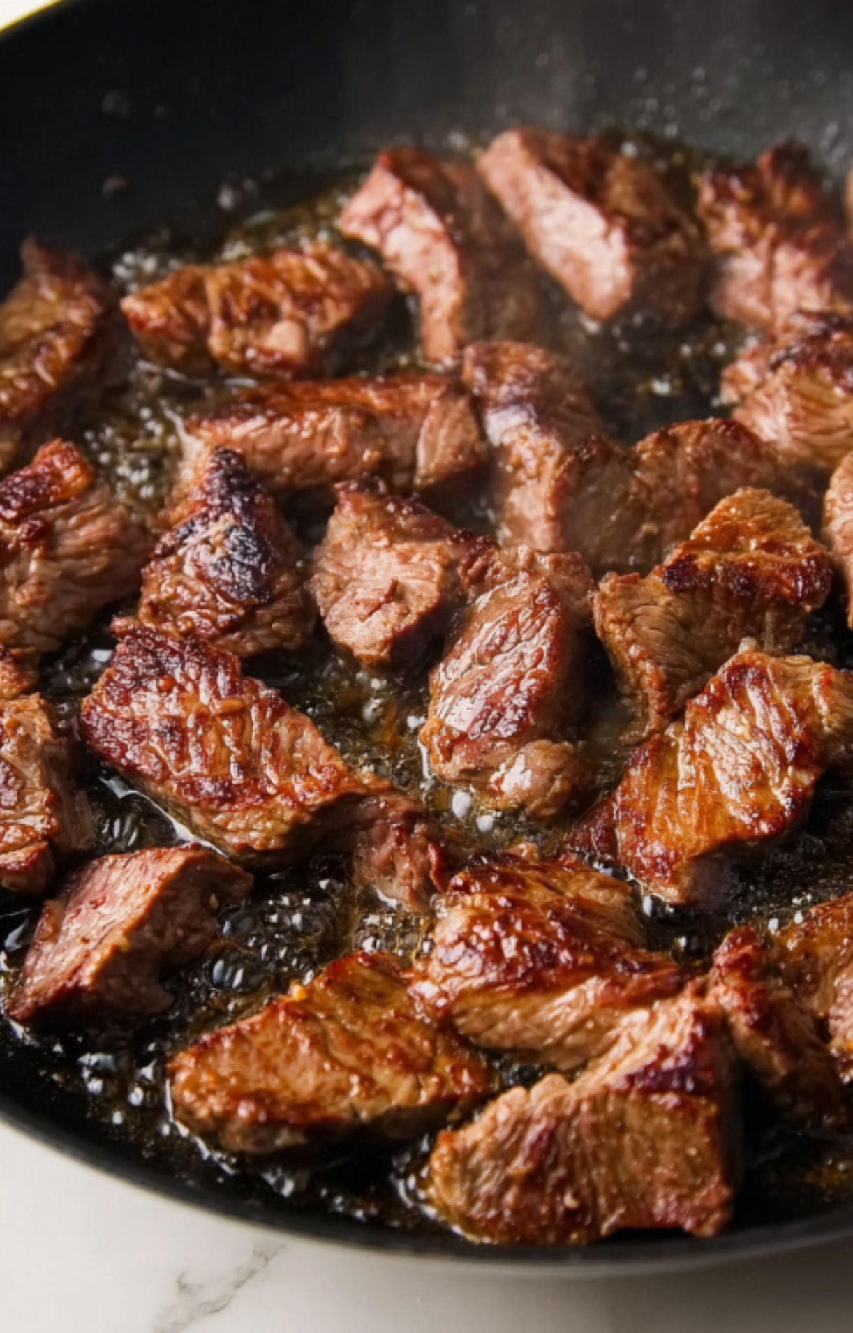 Bite-sized steak pieces searing in a hot skillet, ready for a classic pepper steak stir fry.