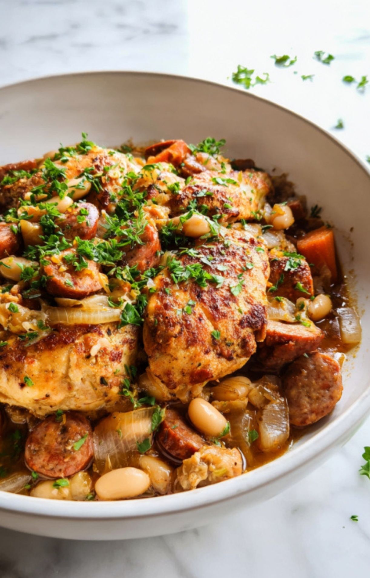 Generous serving of Chicken Cassoulet in a white bowl, filled with chicken, sausage, white beans, and colorful veggies.