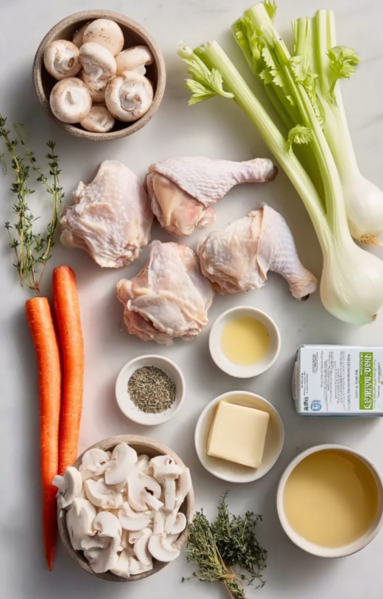 Fresh chicken, mushrooms, carrots, celery, herbs, and cream for making classic chicken fricassee.