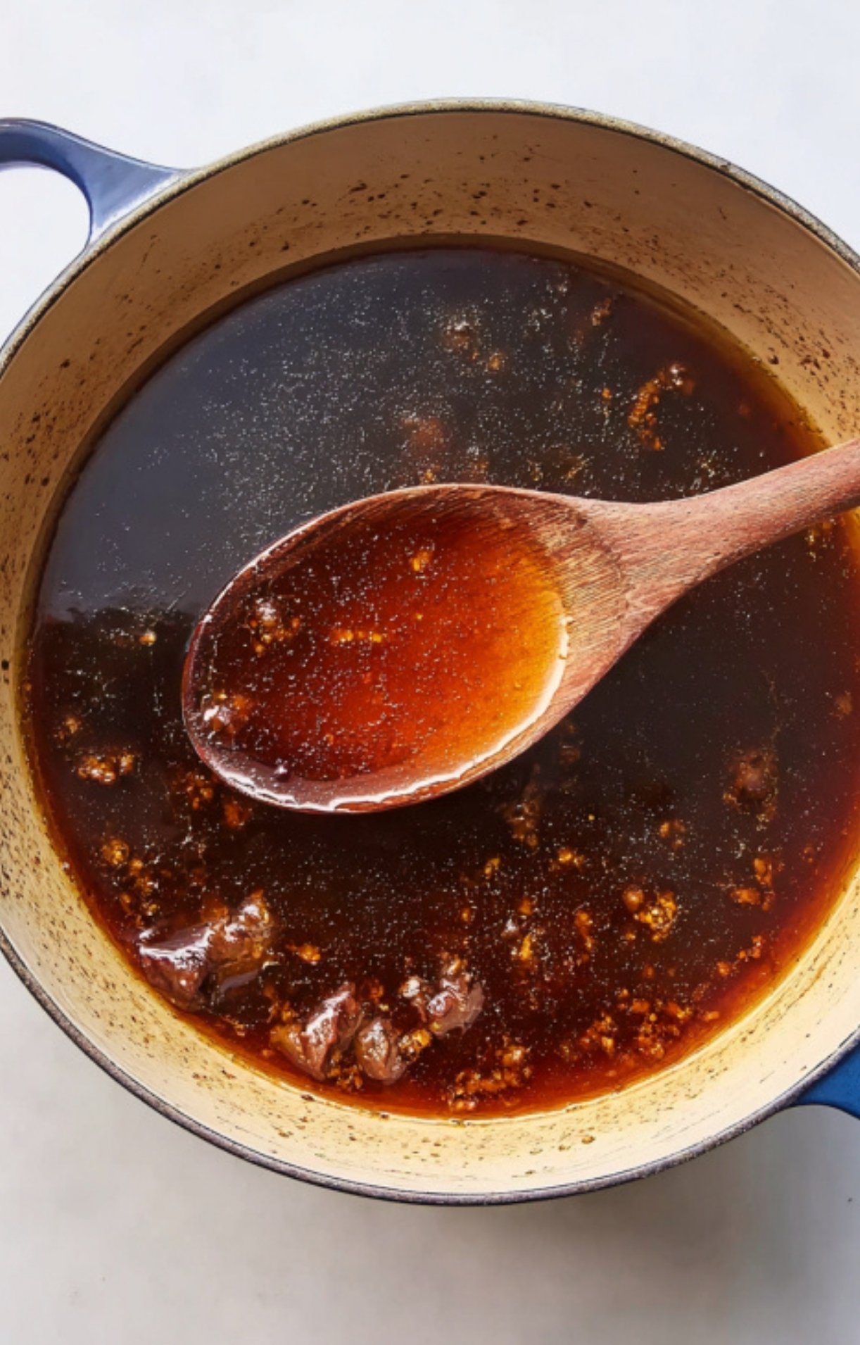 Wooden spoon stirring a rich, deglazed broth in a Dutch oven for authentic cassolette recipe, a French one-pot dish known for its savory flavor and layered ingredients.