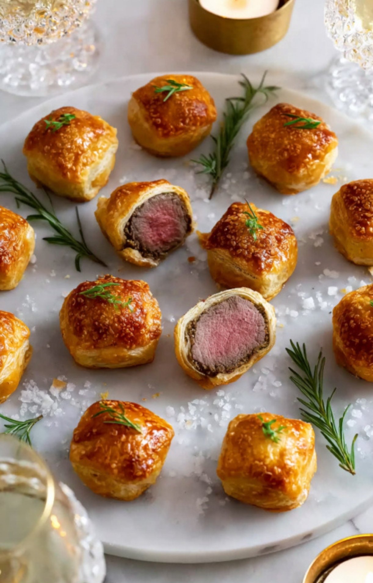 Plate of golden Mini Beef Wellington bites garnished with rosemary, ideal for party trays, holiday gatherings, and elegant beef appetizers.