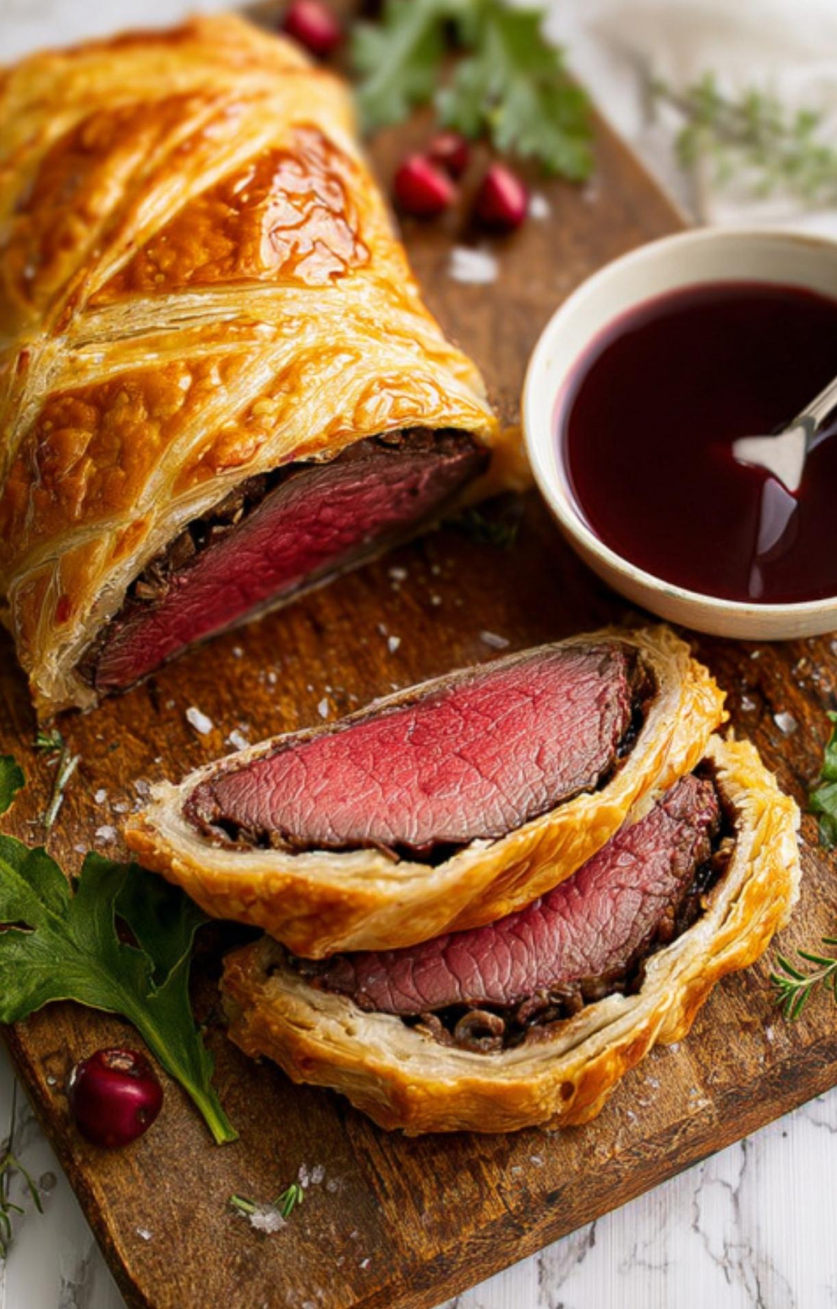 Golden beef wellington with juicy beef and a side of homemade red wine sauce, perfect for holiday dinners and elegant entertaining.