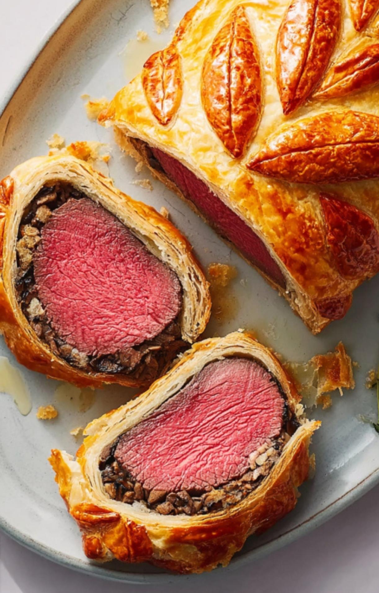 Sliced classic beef wellington with golden, flaky pastry and tender beef, displayed on a serving plate. This dish is a festive main course for Christmas, New Year’s Eve, or any elegant celebration.