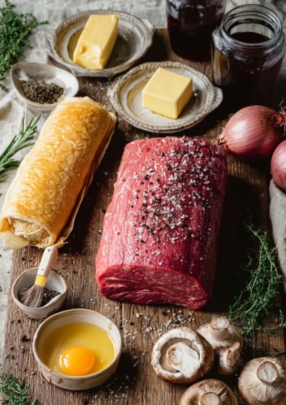 Raw beef tenderloin, fresh mushrooms, butter, egg, herbs, puff pastry, and seasonings laid out on a rustic board for an easy beef wellington recipe.