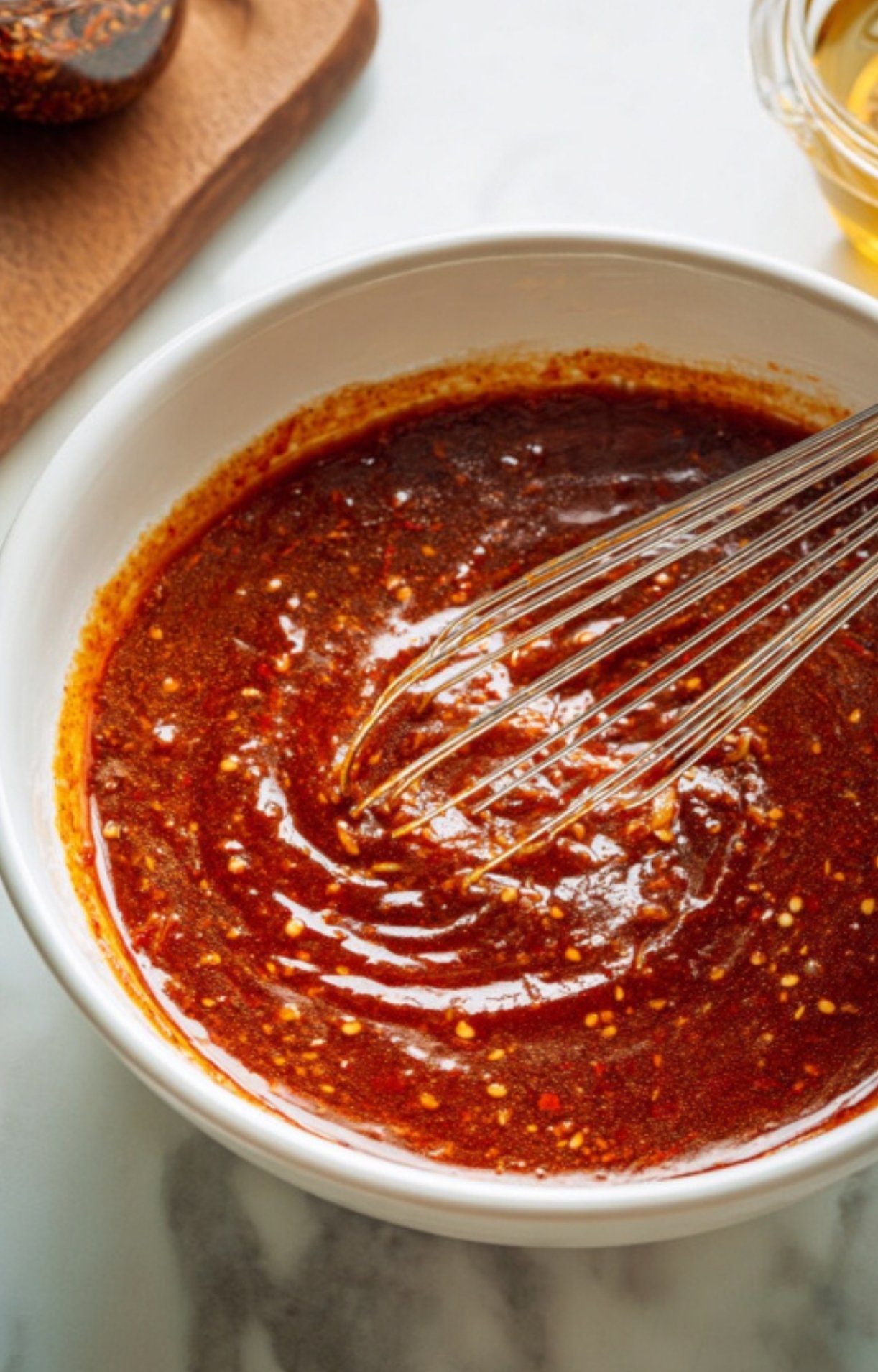 Rich, glossy stir fry sauce being whisked, made with soy sauce, ginger, garlic, and honey for homemade Shaved Beef And Broccoli.