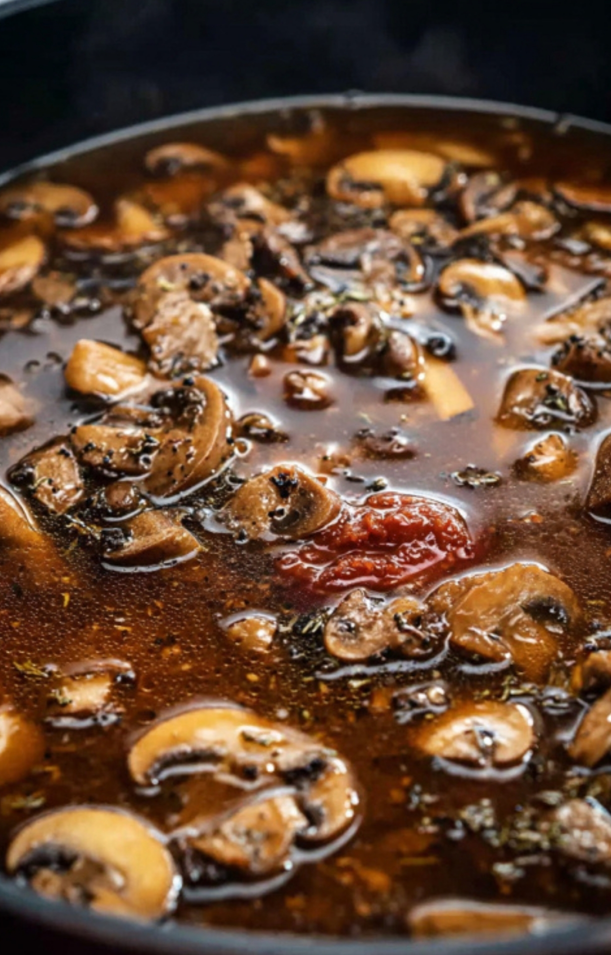 Savory beef broth and mushrooms simmering in a pan for homemade Salisbury steak gravy.