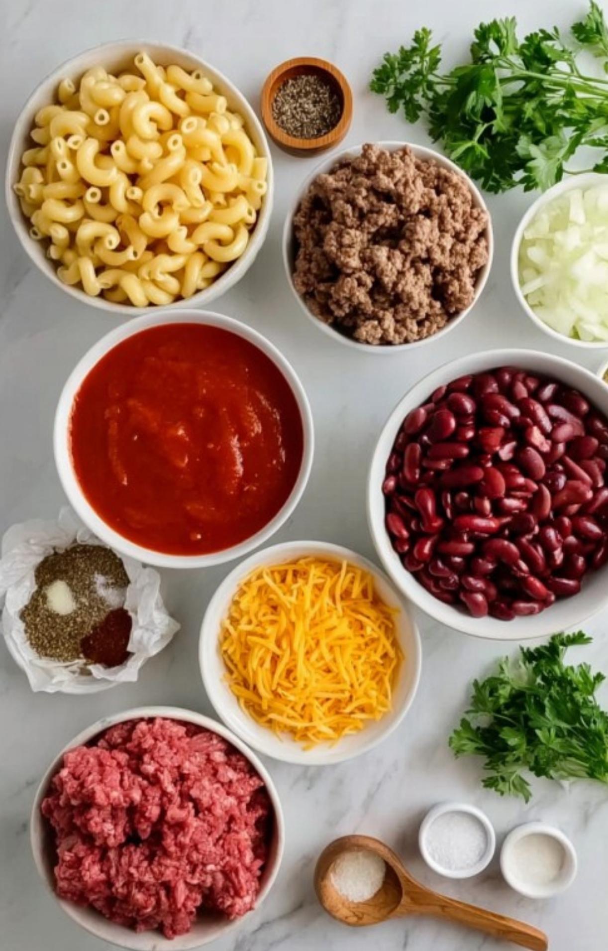 Overhead view of goulash ingredients: elbow macaroni, cooked and raw ground beef, tomato sauce, kidney beans, onions, cheese, spices, and fresh herbs.