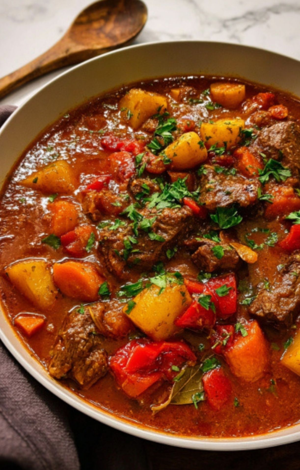 A warm bowl of beef goulash packed with veggies and a savory paprika broth, served for a comforting meal.