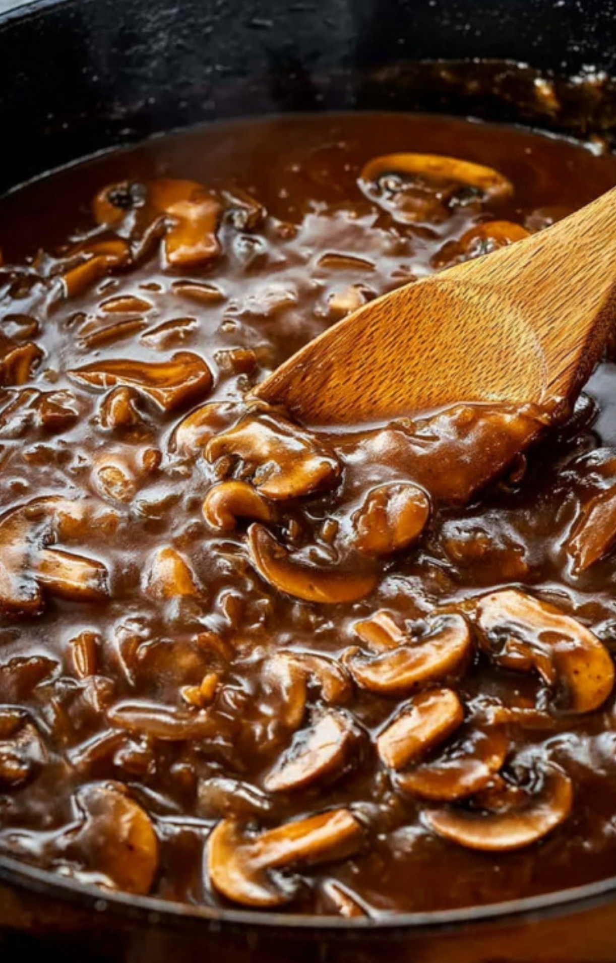 Skillet filled with thick mushroom and onion gravy, ready to top Salisbury steak for an easy weeknight meal.