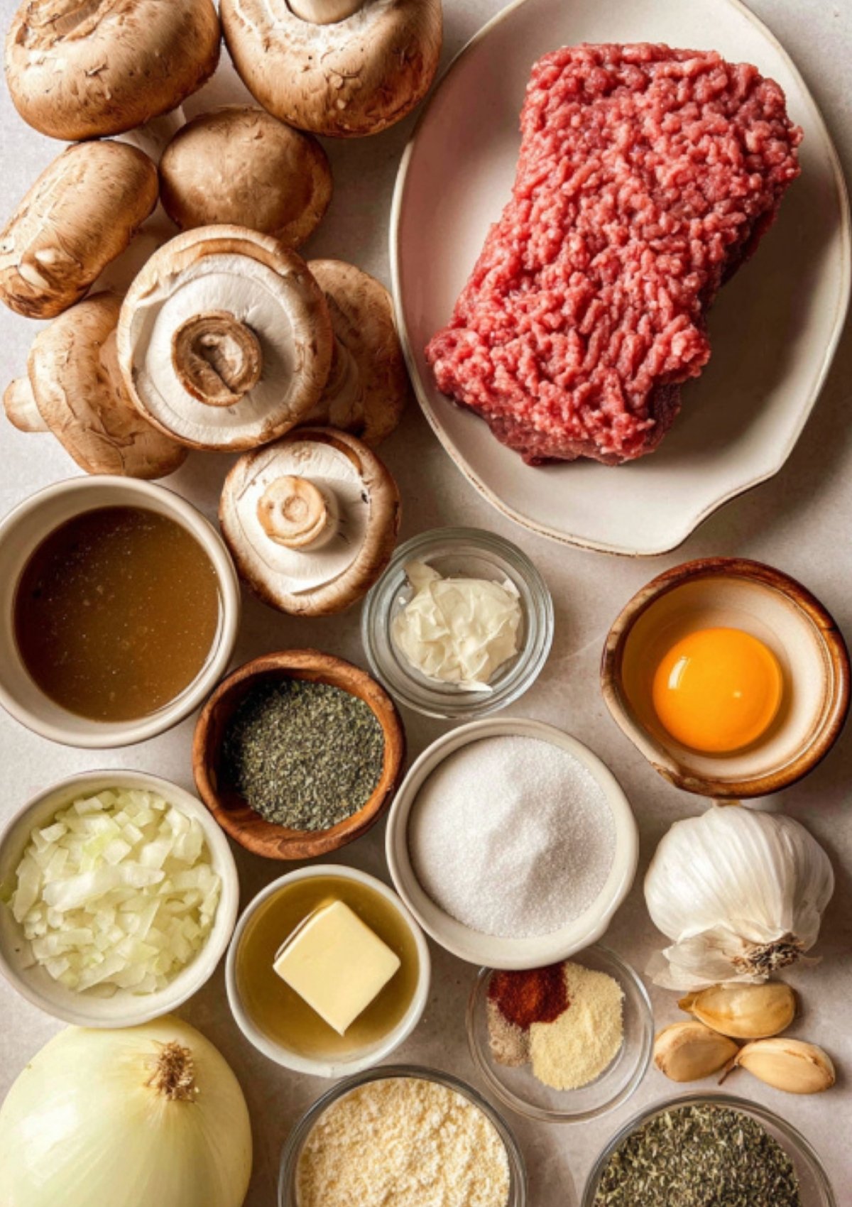 Ground beef, mushrooms, onions, seasonings, egg, and broth arranged for a comfort food recipe.