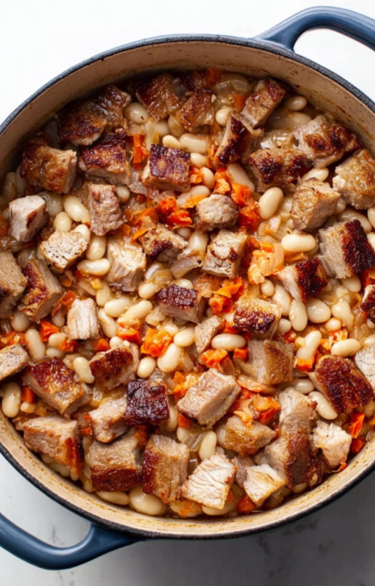 Casserole pot filled with browned pork, carrots, and white beans before baking, a hearty French cassolette recipe that’s perfect for cold nights and special family gatherings.