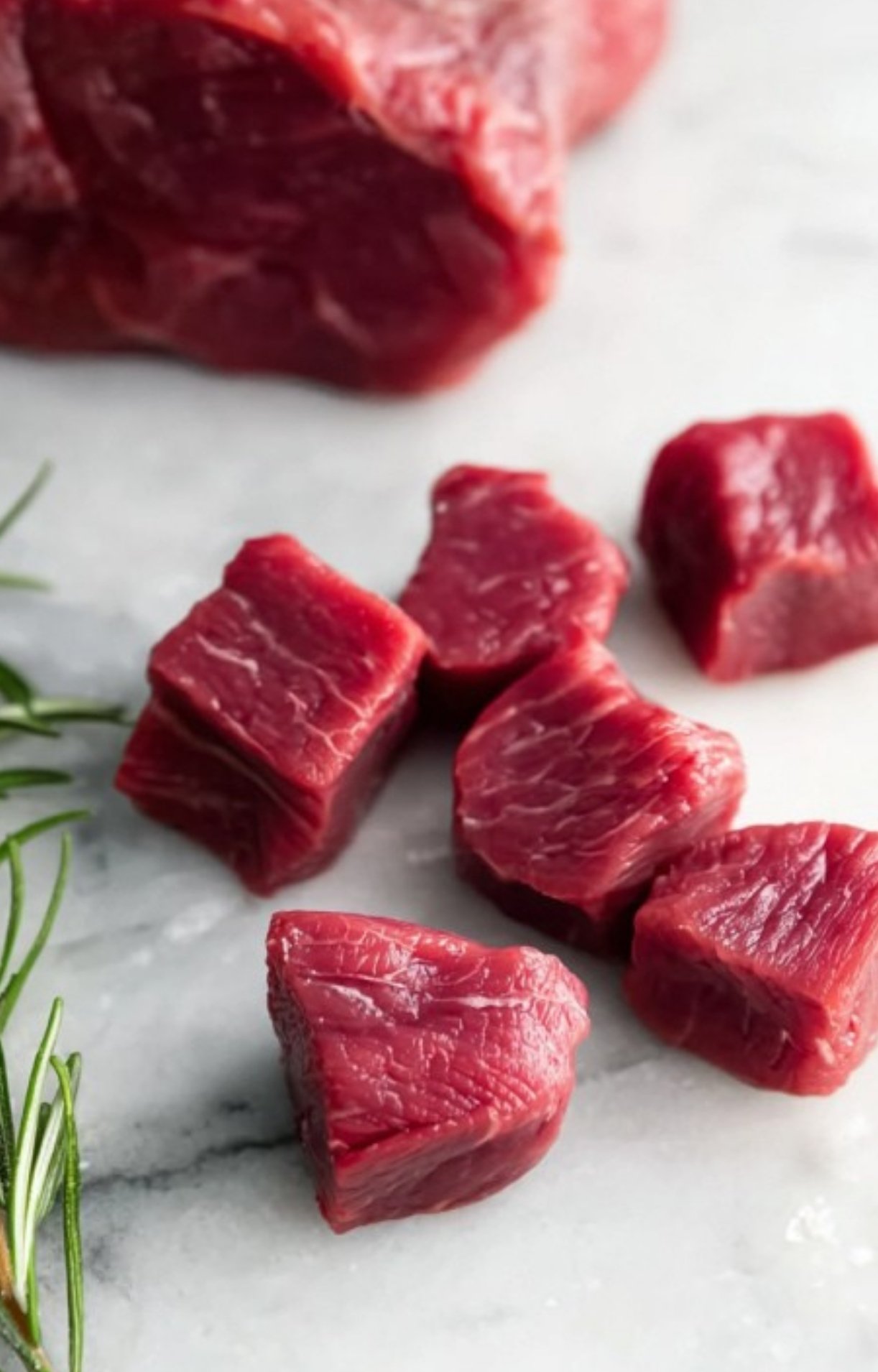 Fresh beef tenderloin cubes ready to be wrapped in puff pastry for homemade Mini Beef Wellington appetizers.