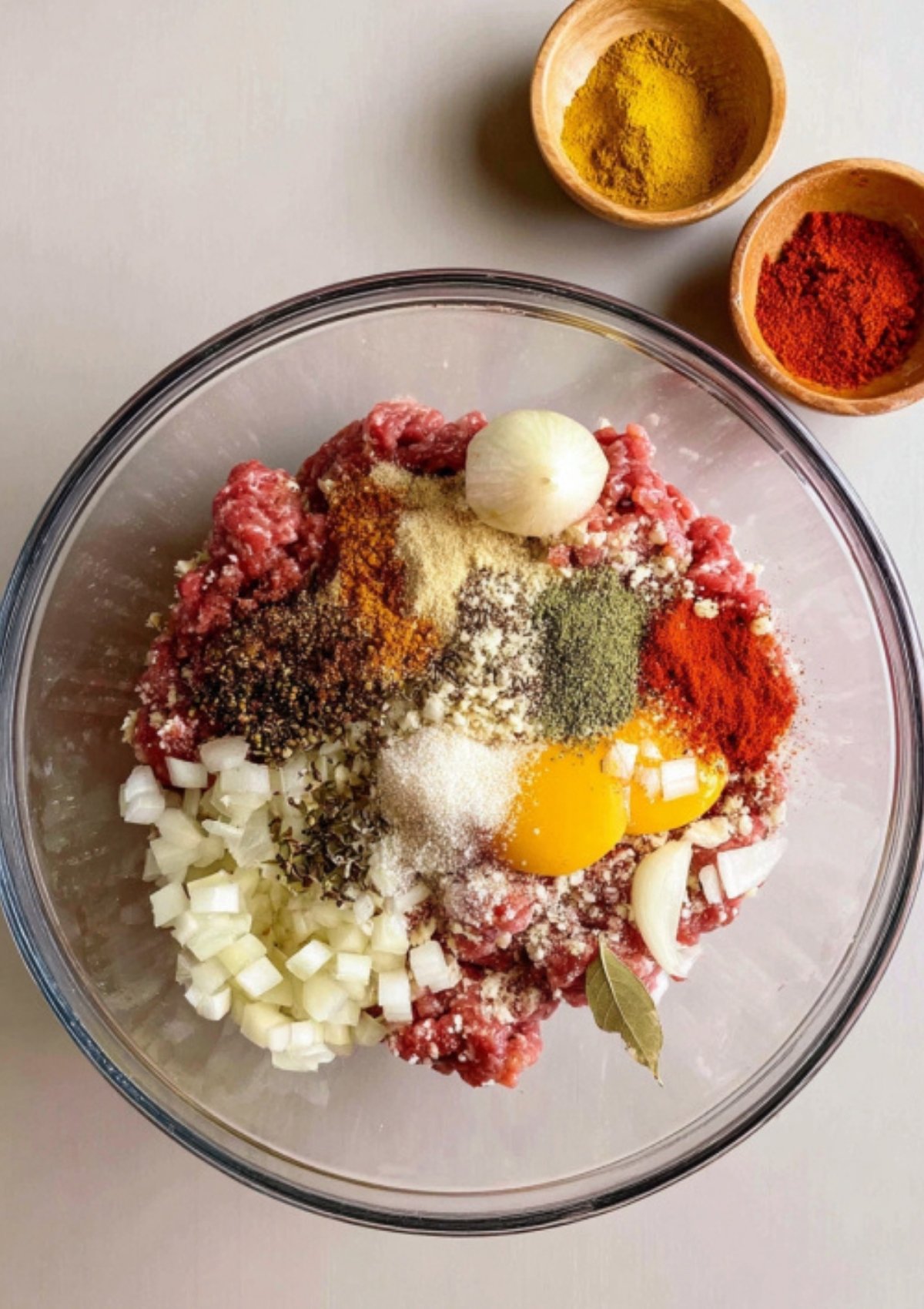 Ground beef, eggs, diced onions, and spices mixed in a bowl to form chop steak patties.