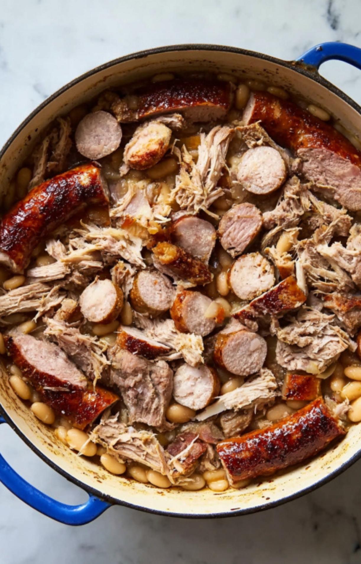 Dutch oven packed with tender pork, sausage, and beans for a traditional cassolette recipe, rich in French flavors and ideal for a comforting Sunday dinner or holiday spread.