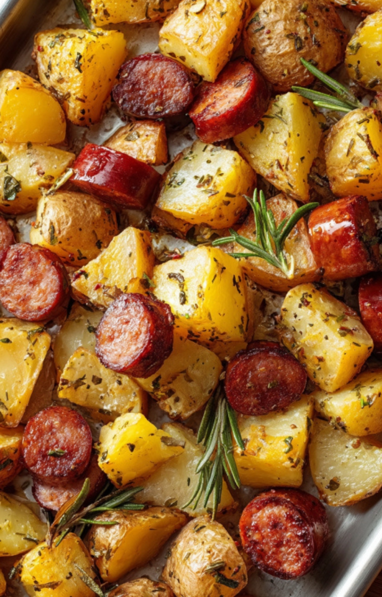 Oven-roasted potatoes and sausage rounds on a baking tray with rosemary and seasonings. Simple meal prep for fall and winter comfort food.