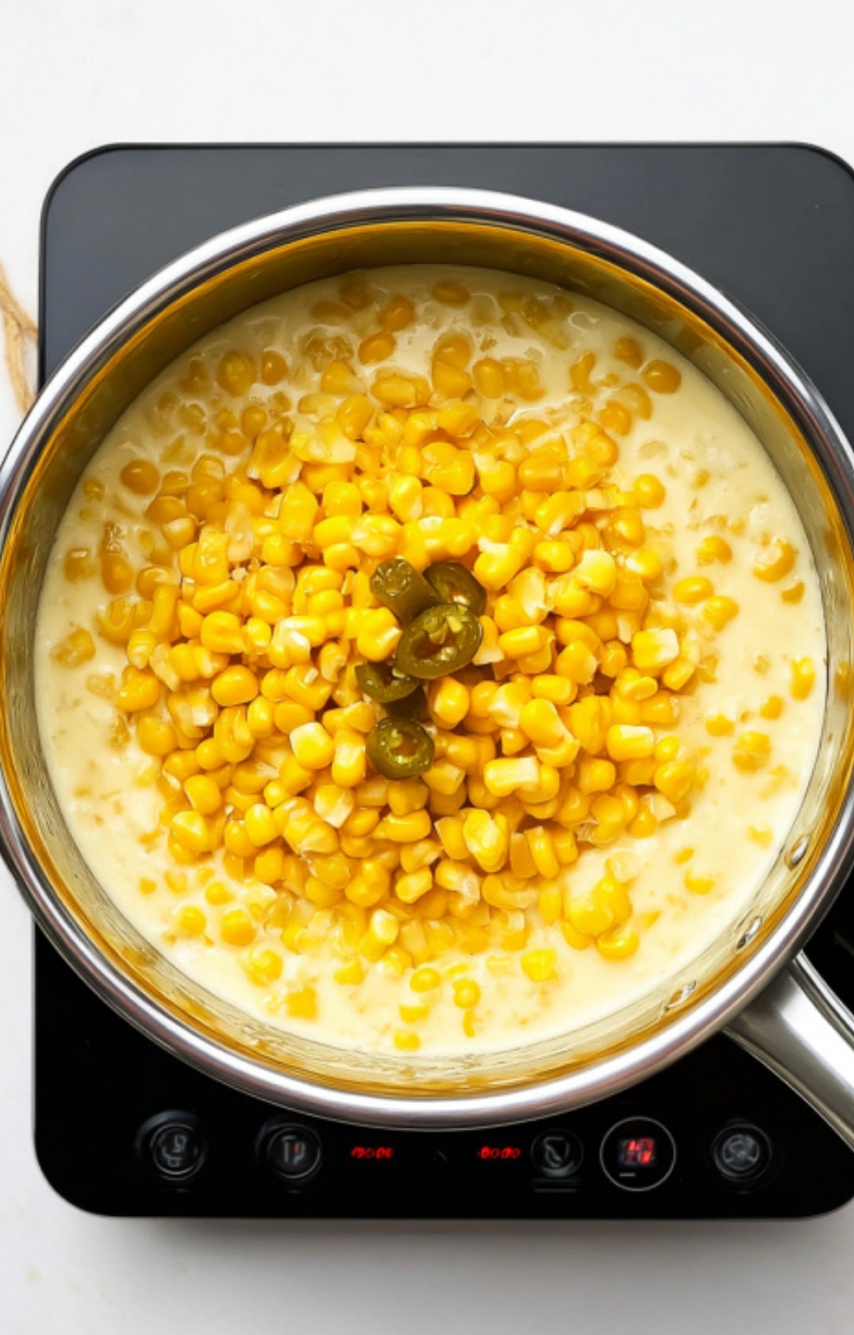Pan filled with corn, cream cheese, and jalapeños being stirred together, highlighting a spicy variation of cream cheese corn casserole for potlucks or festive sides.
