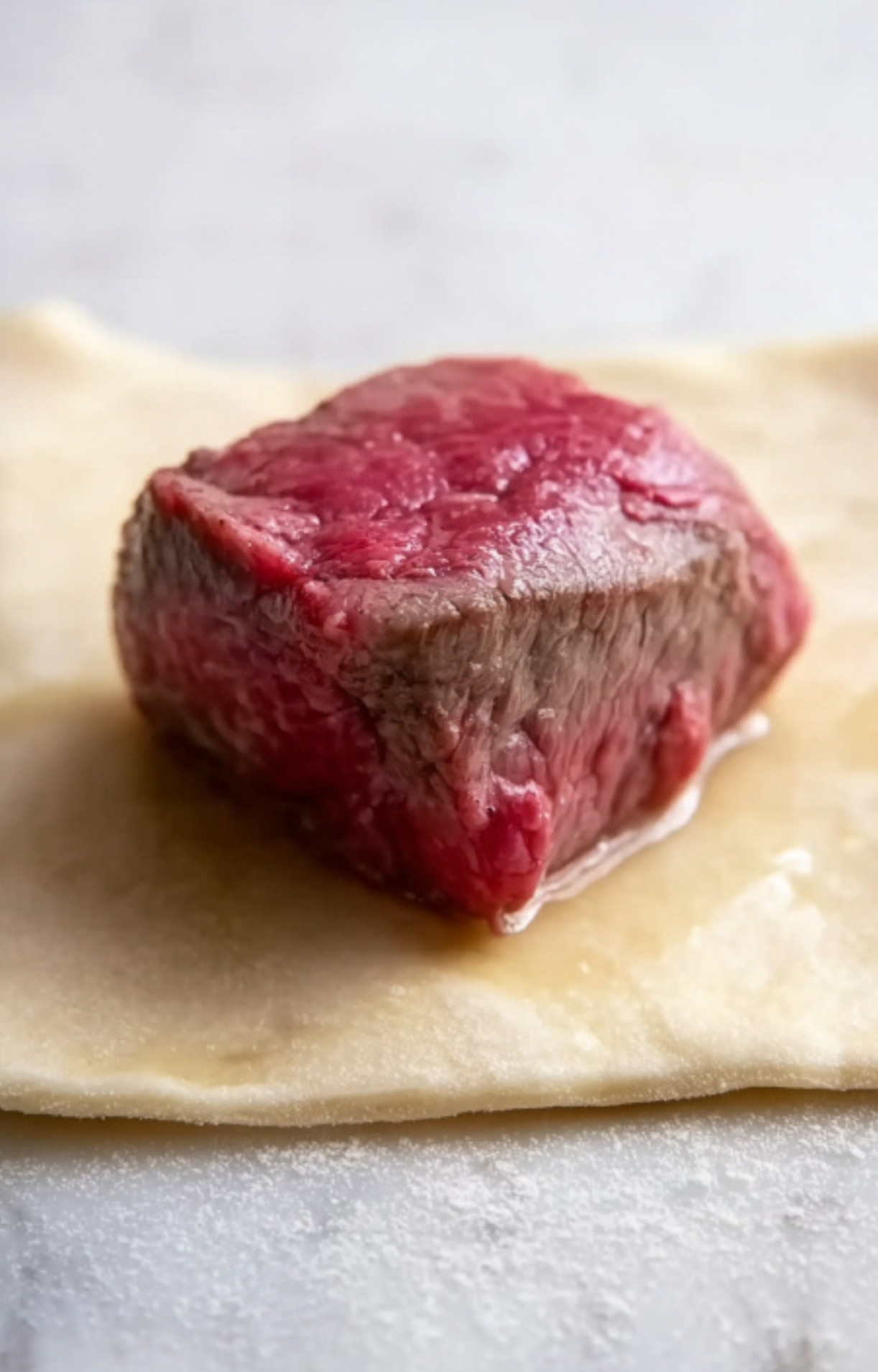Seared beef cube sitting on a square of puff pastry, ready for assembly in a classic Mini Beef Wellington recipe.