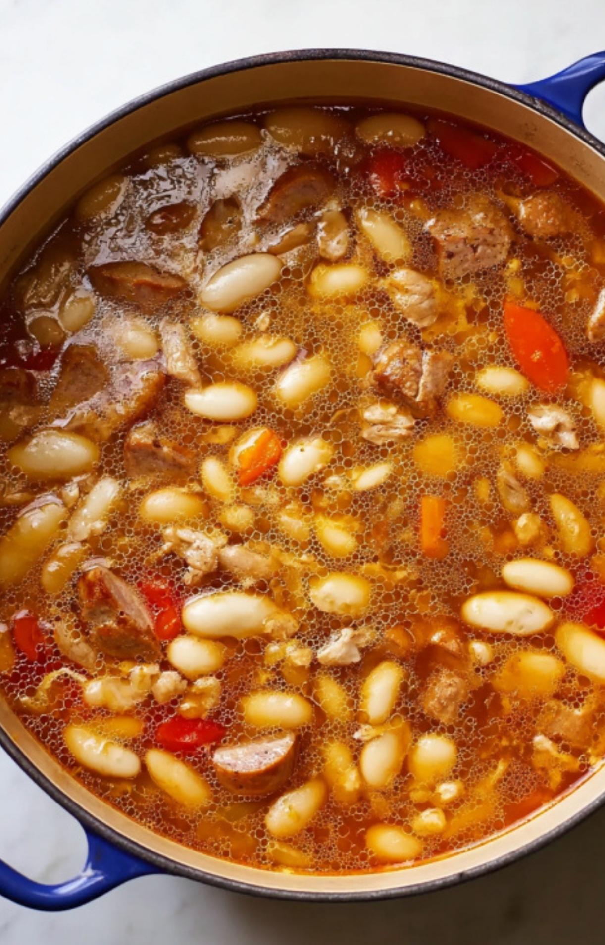 Pot filled with white beans, sausage, and broth simmering for an authentic cassolette recipe, a classic one-pot French casserole perfect for cozy fall and winter meals.
