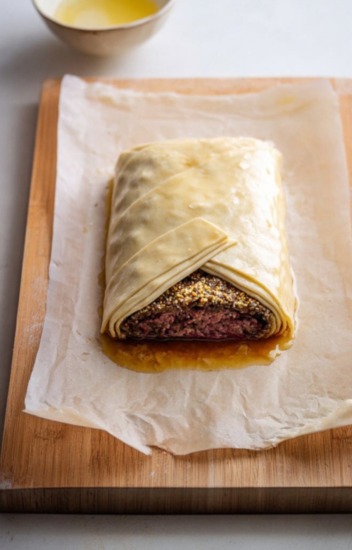 Beef tenderloin wrapped in puff pastry, ready to bake for a classic beef wellington without mushrooms, great for festive family meals and special occasions