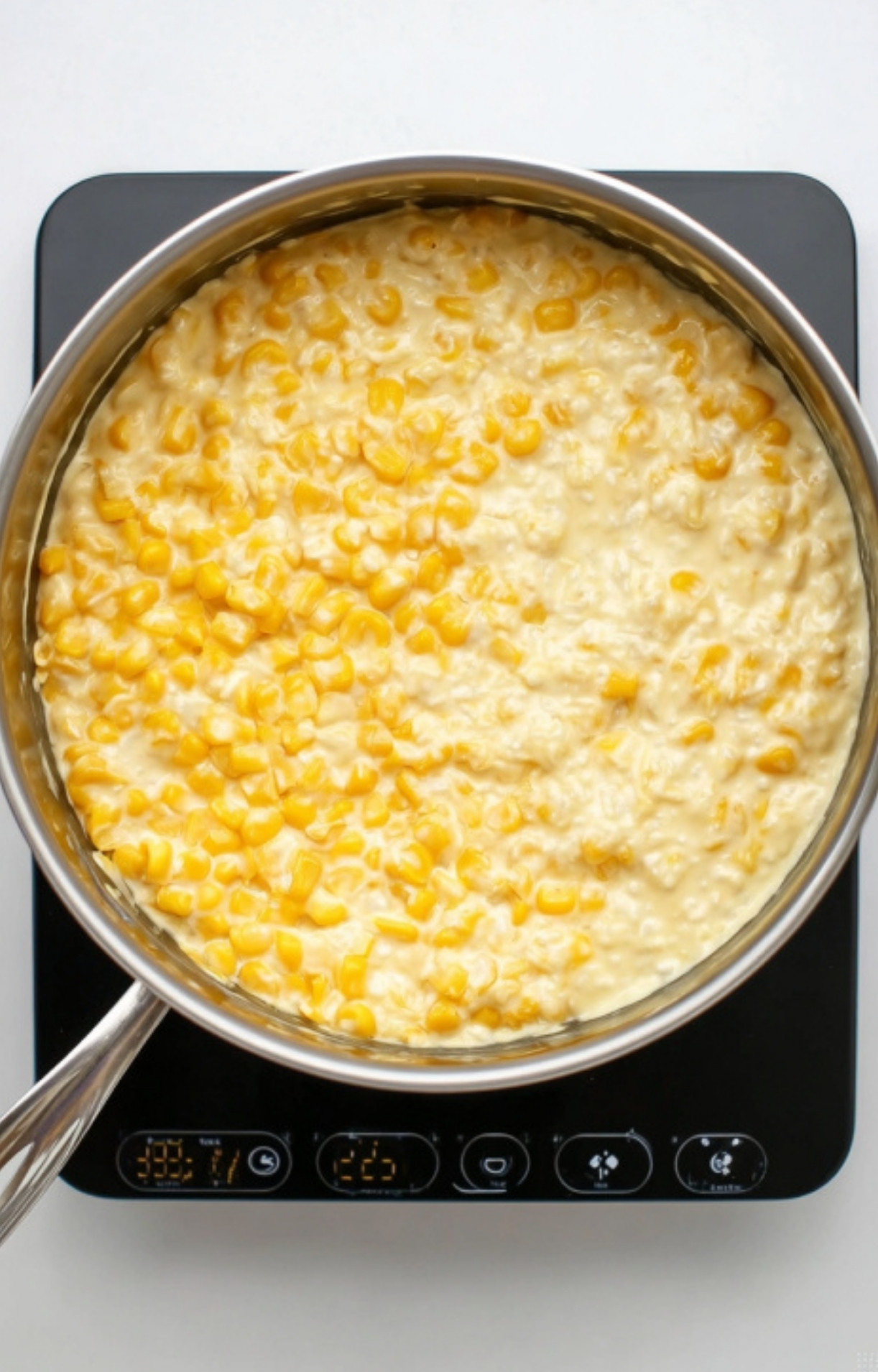 Corn and cream cheese mixture cooking on the stovetop, illustrating the first step for making a classic creamy corn casserole recipe for holidays or weeknight meals.