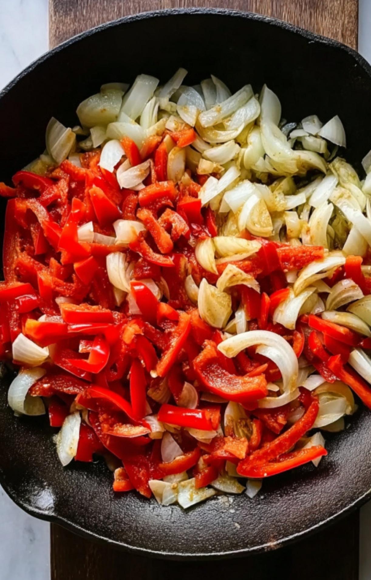 Red bell peppers and onions sliced and sautéed in a skillet as the base for authentic Hungarian goulash.