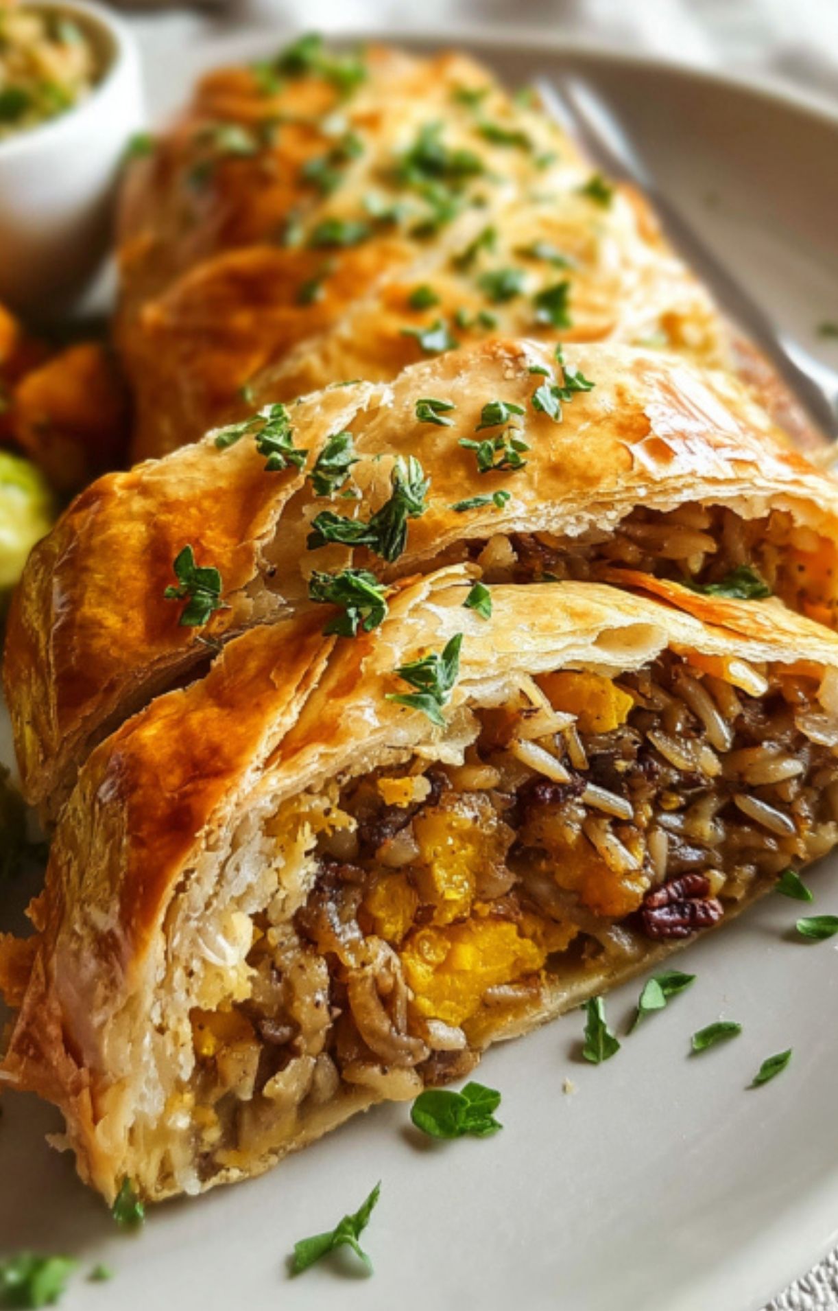 Sliced vegetarian wellington served on a plate, showing the delicious filling of squash, rice, mushrooms, and nuts, garnished with fresh herbs for a festive touch.