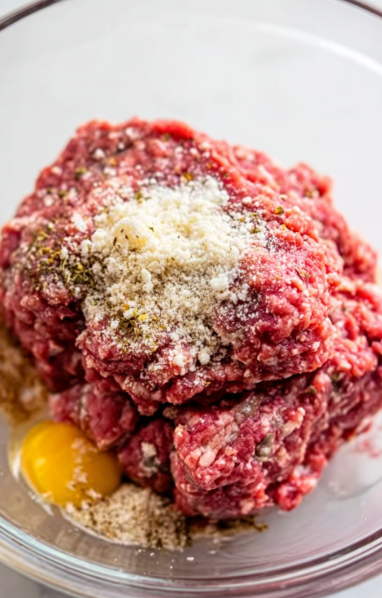 Raw ground beef mixture with egg and seasonings in a bowl, ready to be shaped for homemade Salisbury steak.