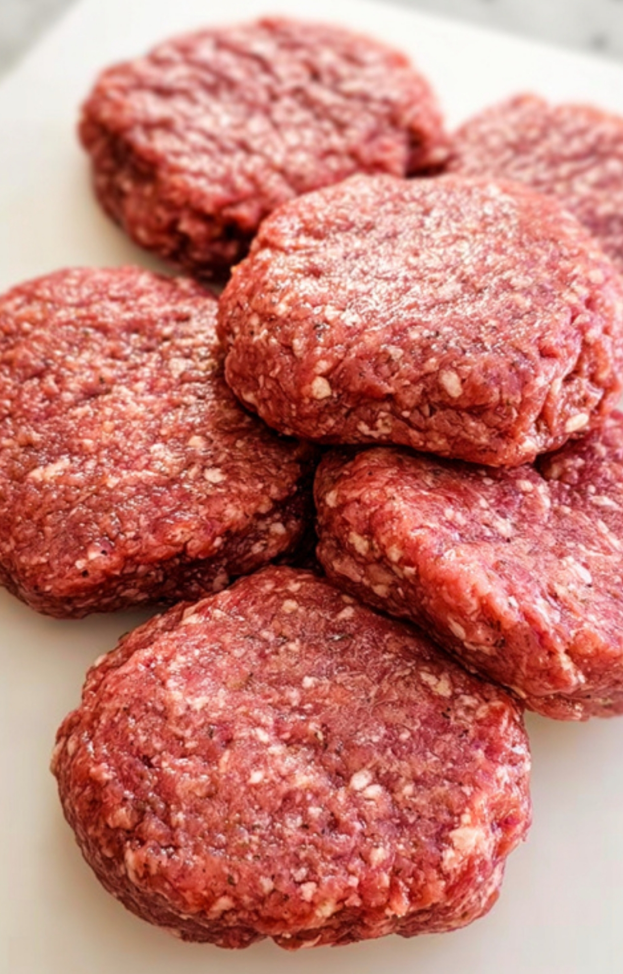 Freshly formed raw beef patties on a white board, ready to be cooked for homemade Salisbury steak.