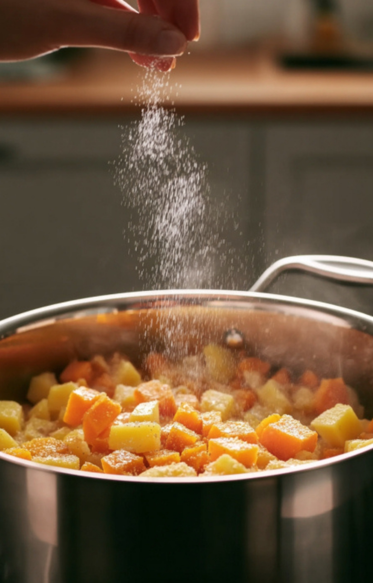 Hand sprinkling salt over a pot of diced potatoes and sweet potatoes, showing the first step in making a healthy vegan weeknight meal for family.