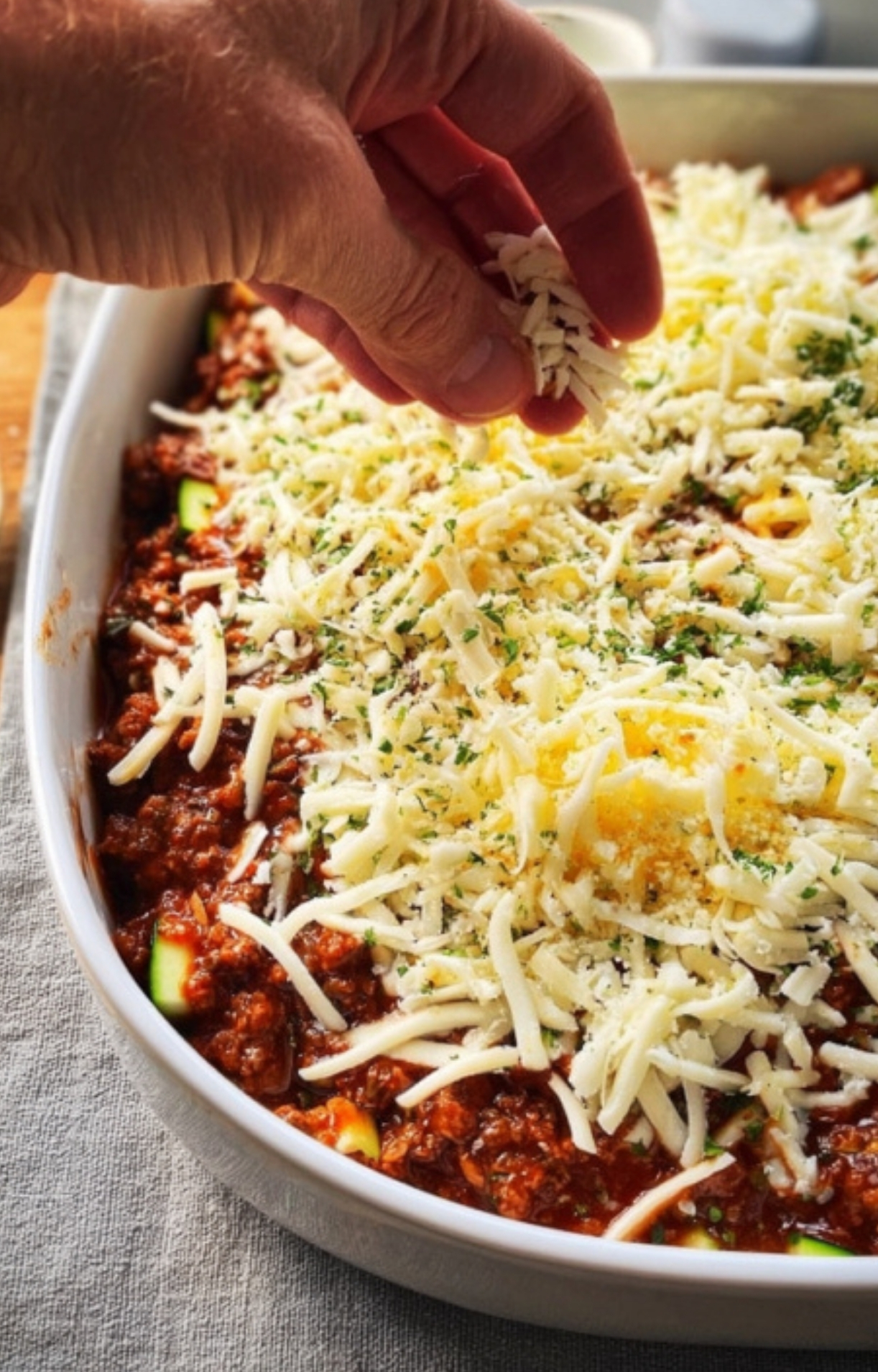 Hand sprinkling shredded cheese over a zucchini pizza casserole topped with meat sauce and herbs
