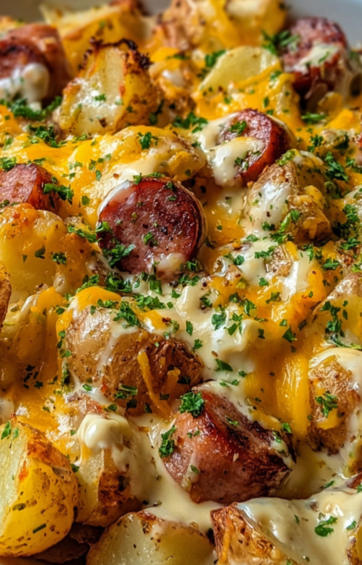Sliced sausage and cheesy potatoes baked together in a creamy ranch sauce. Topped with fresh herbs for a simple crowd-pleasing dinner.