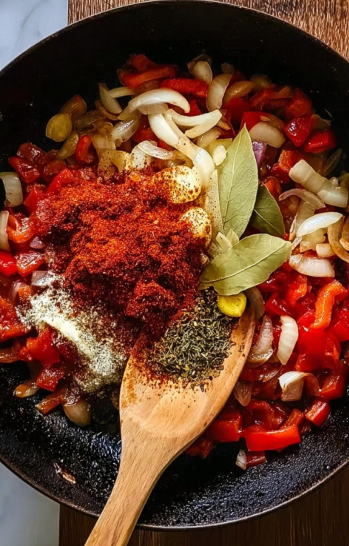 Onions, red bell peppers, bay leaves, caraway seeds, and sweet paprika piled in a skillet, ready to flavor classic Hungarian beef goulash.