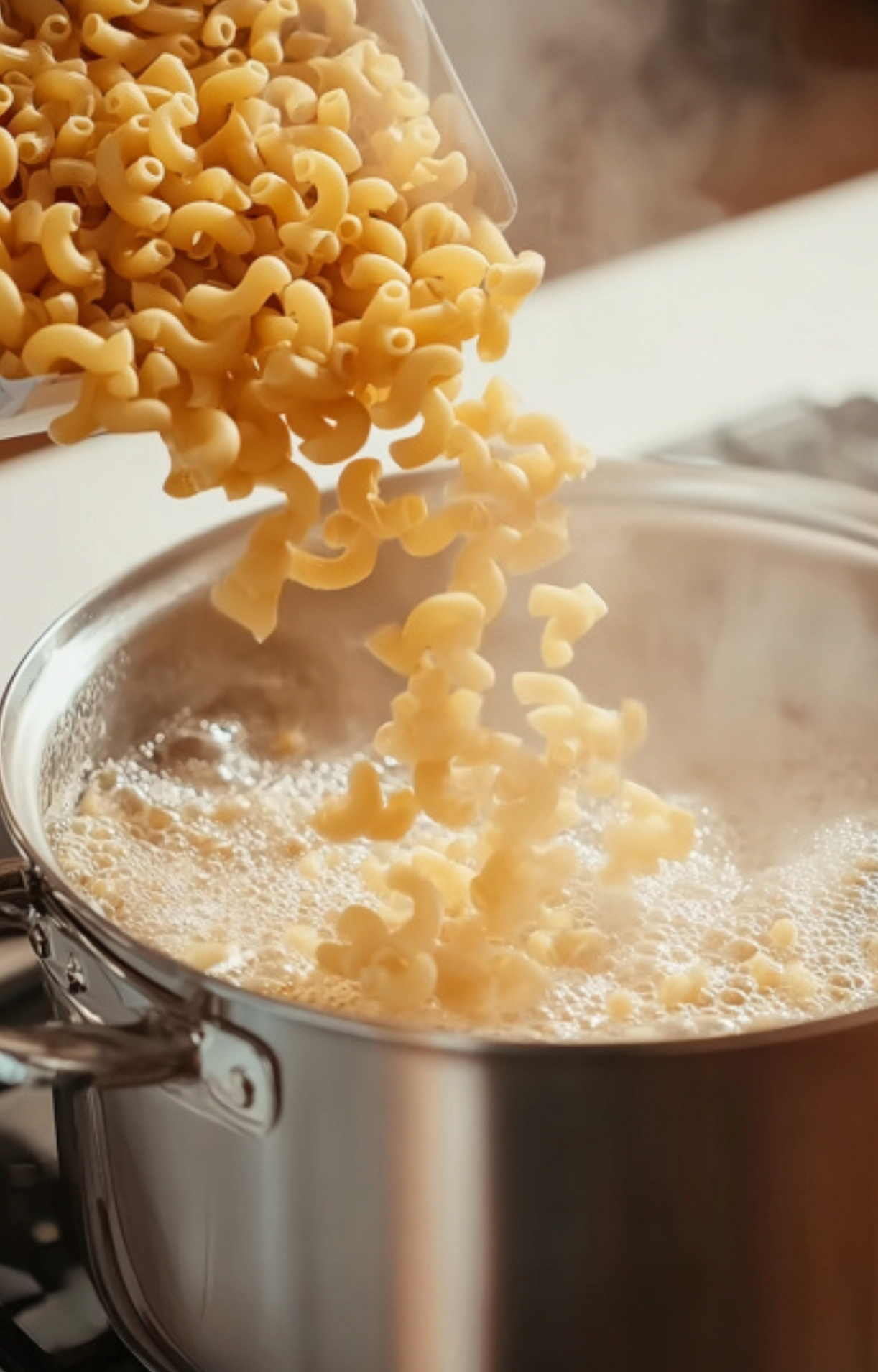 Elbow macaroni being poured into a pot of boiling water on the stove, starting an easy vegan mac and cheese recipe for a quick weeknight meal for family.