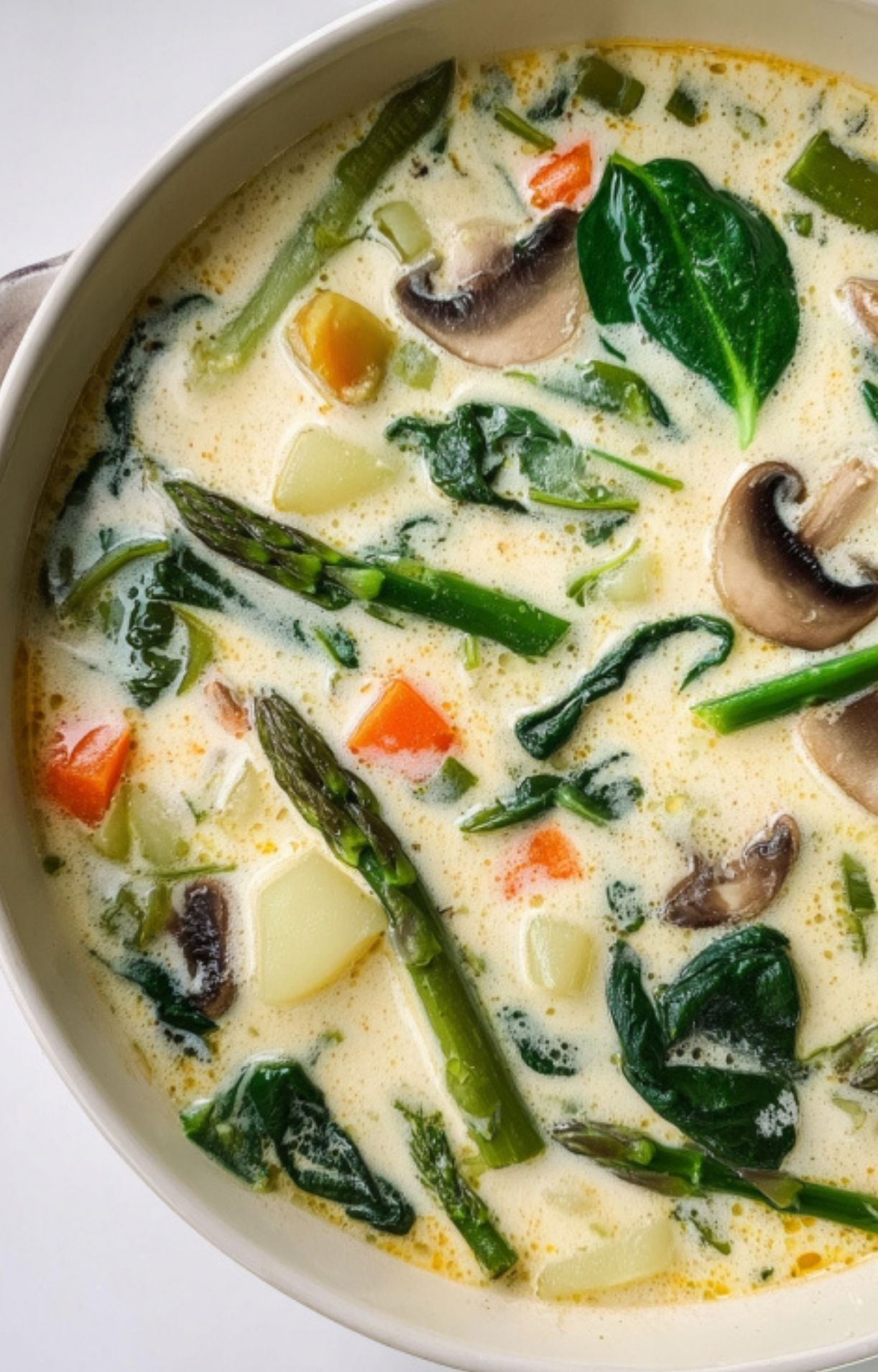A close-up of French spring soup packed with fresh spinach, asparagus, carrots, potatoes, and mushrooms in a creamy broth. Easy, healthy, and perfect for soup season.