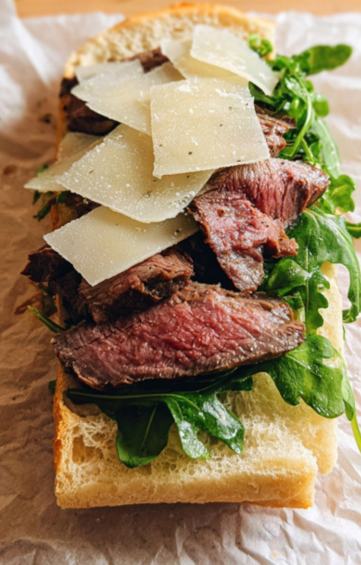 Crusty sandwich roll filled with medium-rare shaved steak, baby arugula, and parmesan, showing a delicious homemade steak sandwich option.