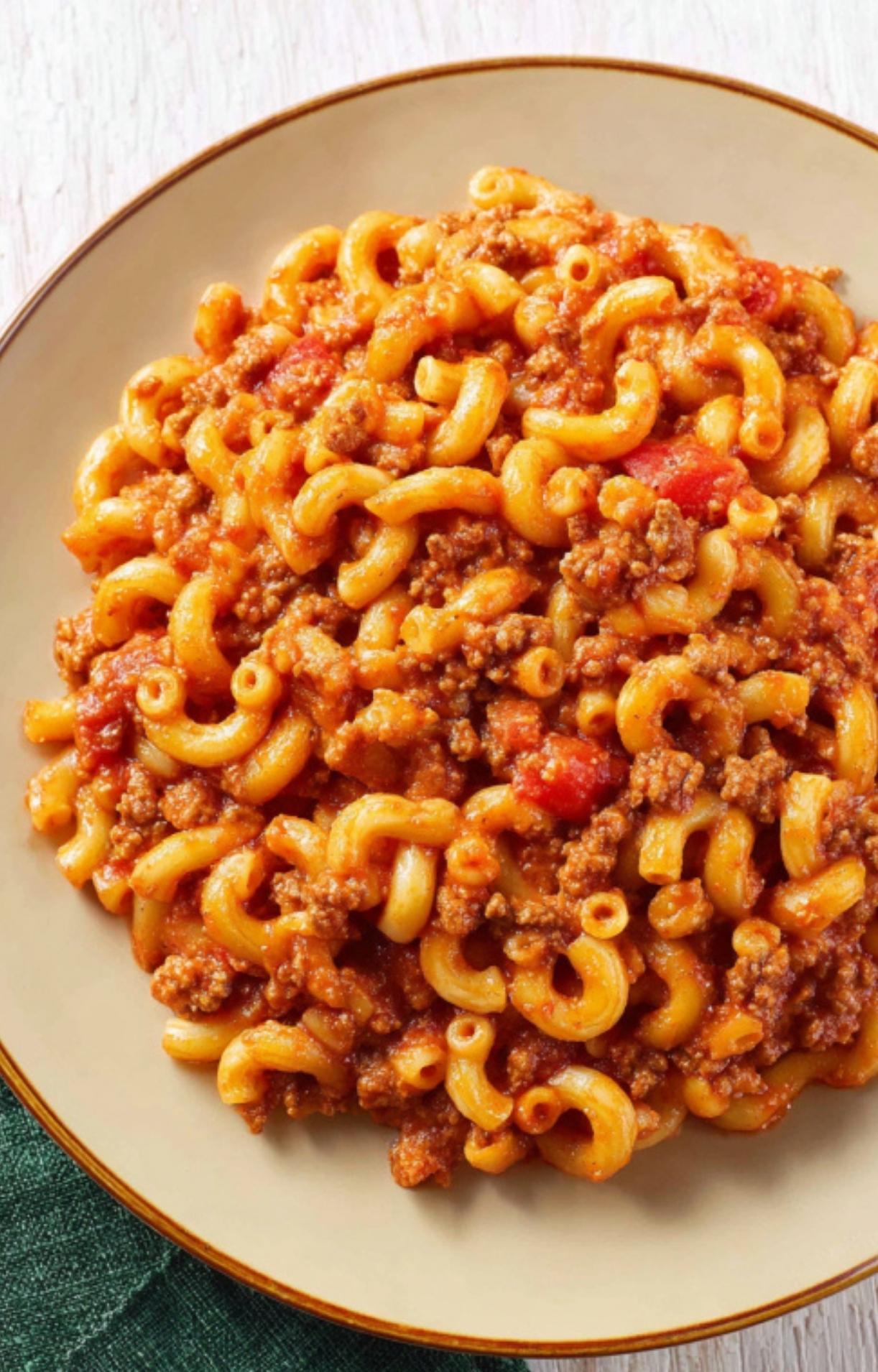 Tender macaroni and beef simmered with tomatoes and spices in a big pot, perfect for family-style goulash.
