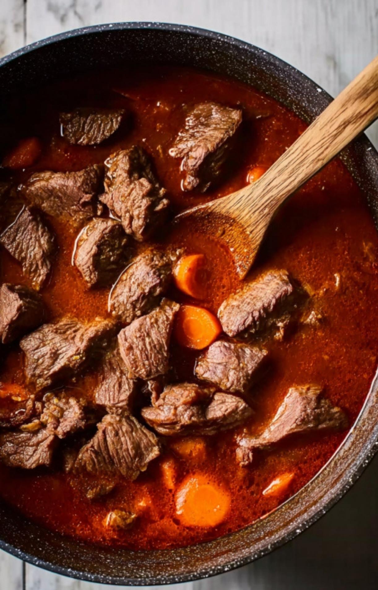 Chunks of tender beef cooking in a pot of paprika-spiced broth for an authentic Hungarian goulash.